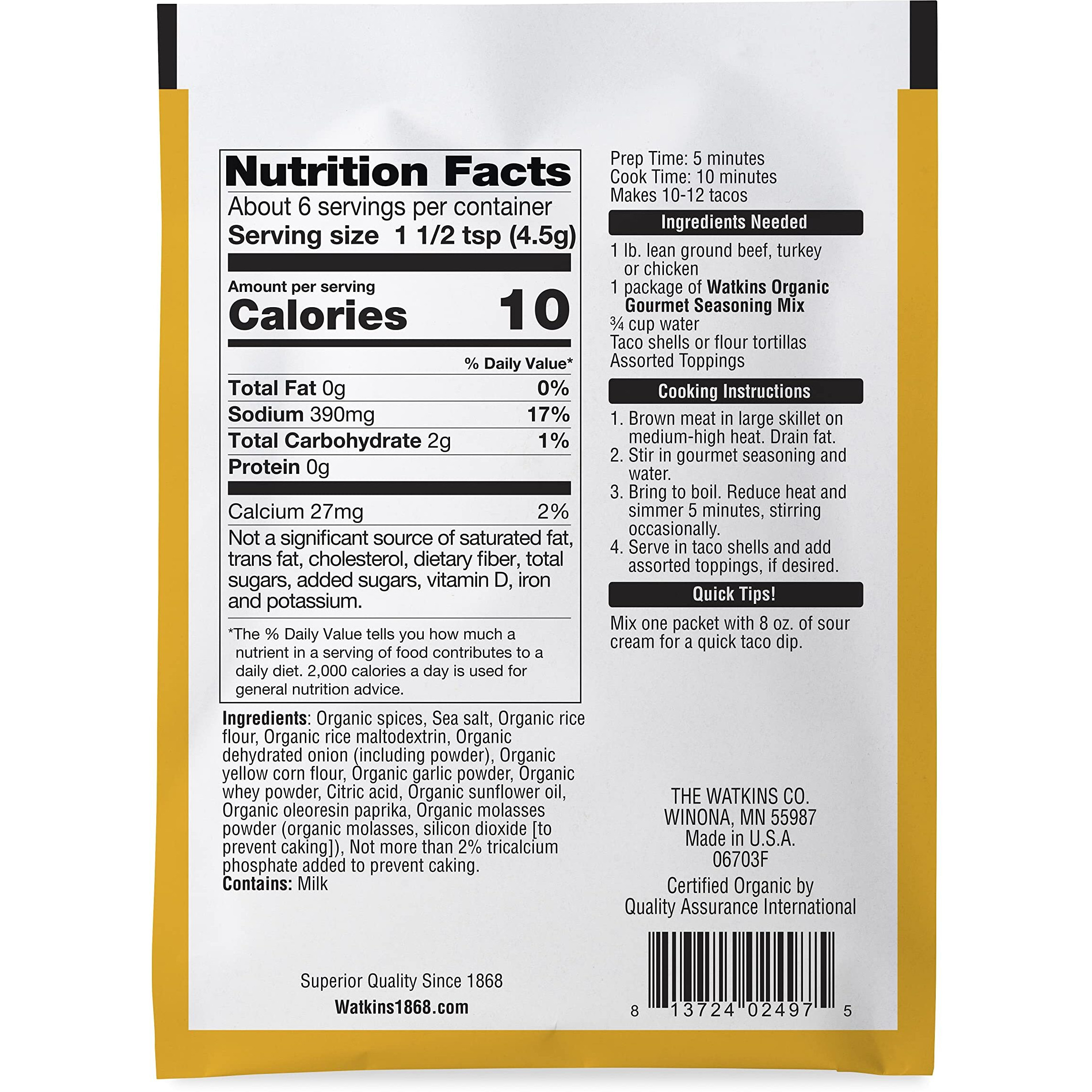 Watkins Organic Taco Gourmet Seasoning Mix, 1 Oz. Packets,12 Count(Pack Of 1)