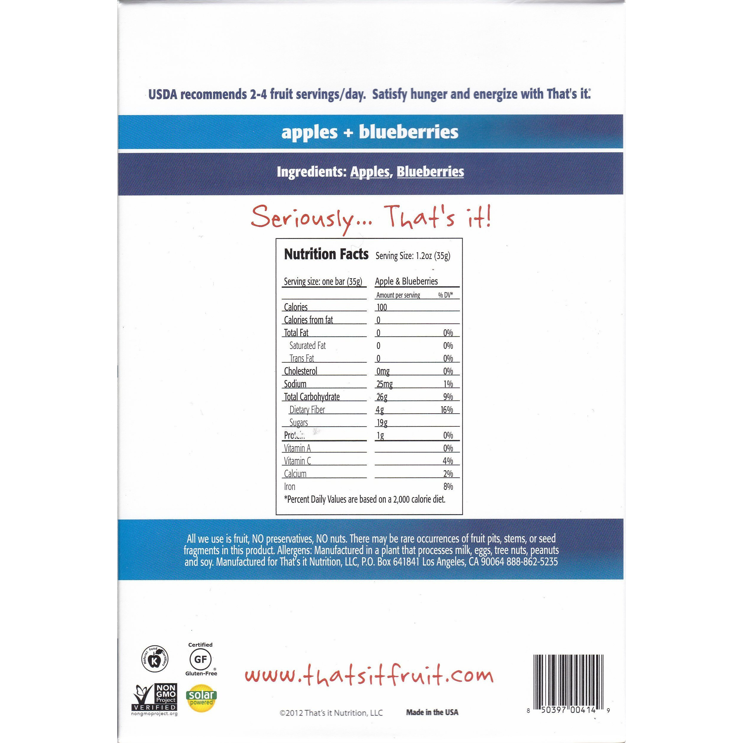 That's It Fruit Bars, Apple And Blueberry, Pack Of 24 (2 Cases)