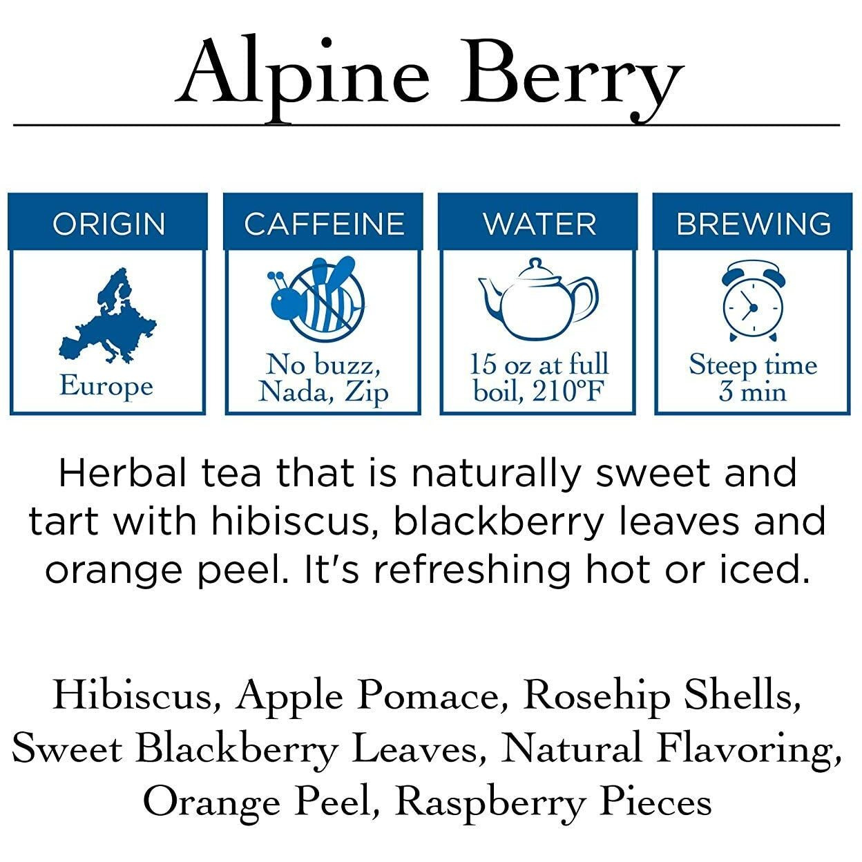 Two Leaves And A Bud Alpine Berry Herbal Tea Bags, Naturally Caffeine Free, Whole Leaf Herbal Tea With Hibiscus In Compostable Sachets, Hot Or Iced, 15 Count (Pack Of 6)