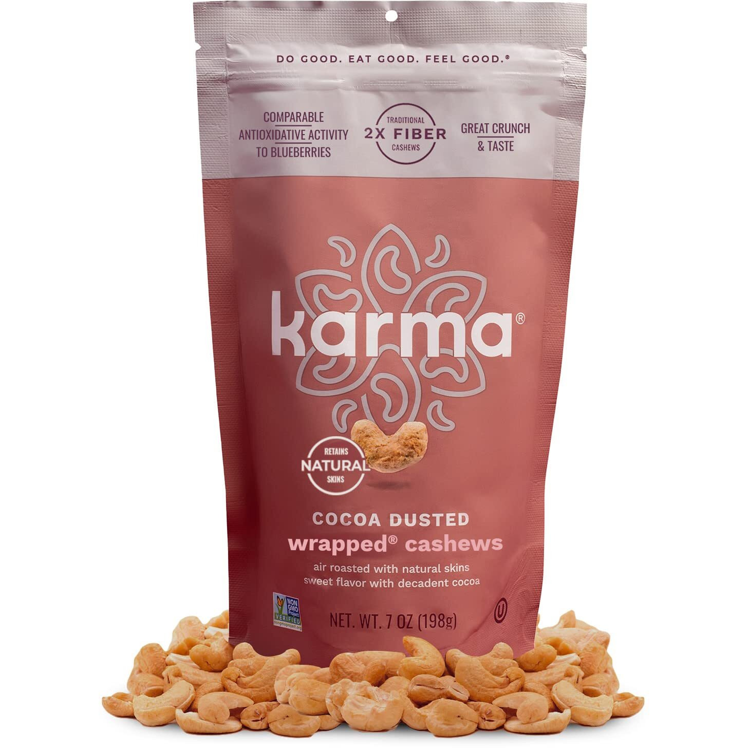 Cocoa Dusted Wrapped Whole Cashews By Karma Nuts, Lightly Sweetened, Air Roasted With Natural Skins, 2X More Fiber, Peanut-Free Facility, Kosher, Everyday Nut Snack, 7Oz Resealable Bag
