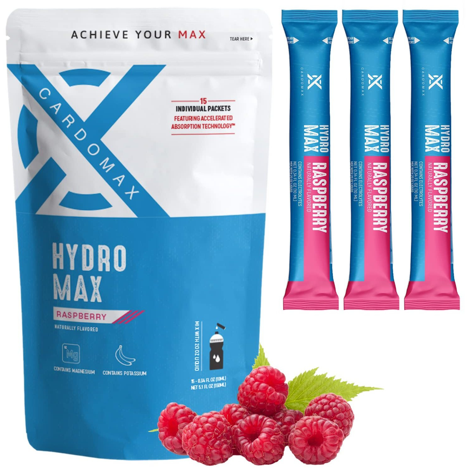 Cardomax Hydration Drink Mix - Hydromax Electrolyte Packets, Zero Calories, Sugar-Free, Keto-Friendly - 15 Single Serve Sticks (Blue Raspberry)
