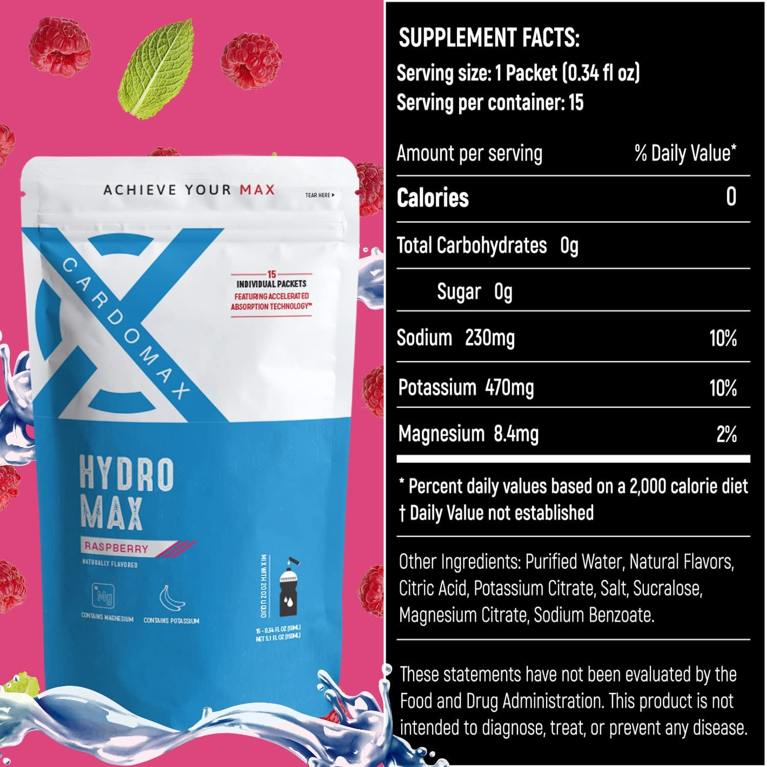 Cardomax Hydration Drink Mix - Hydromax Electrolyte Packets, Zero Calories, Sugar-Free, Keto-Friendly - 15 Single Serve Sticks (Blue Raspberry)