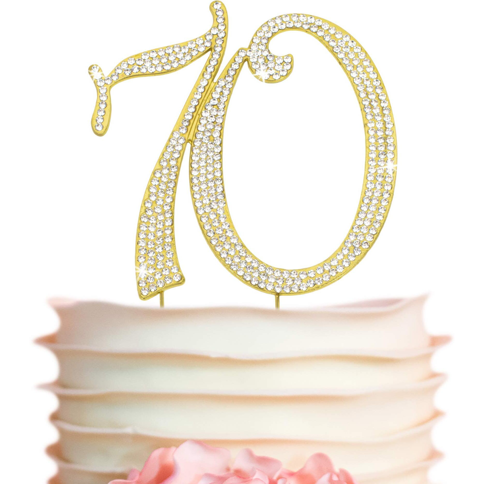 70 Cake Topper - Premium Gold Metal - 70Th Birthday Party Sparkly Rhinestone Decoration Makes A Great Centerpiece - Now Protected In A Box