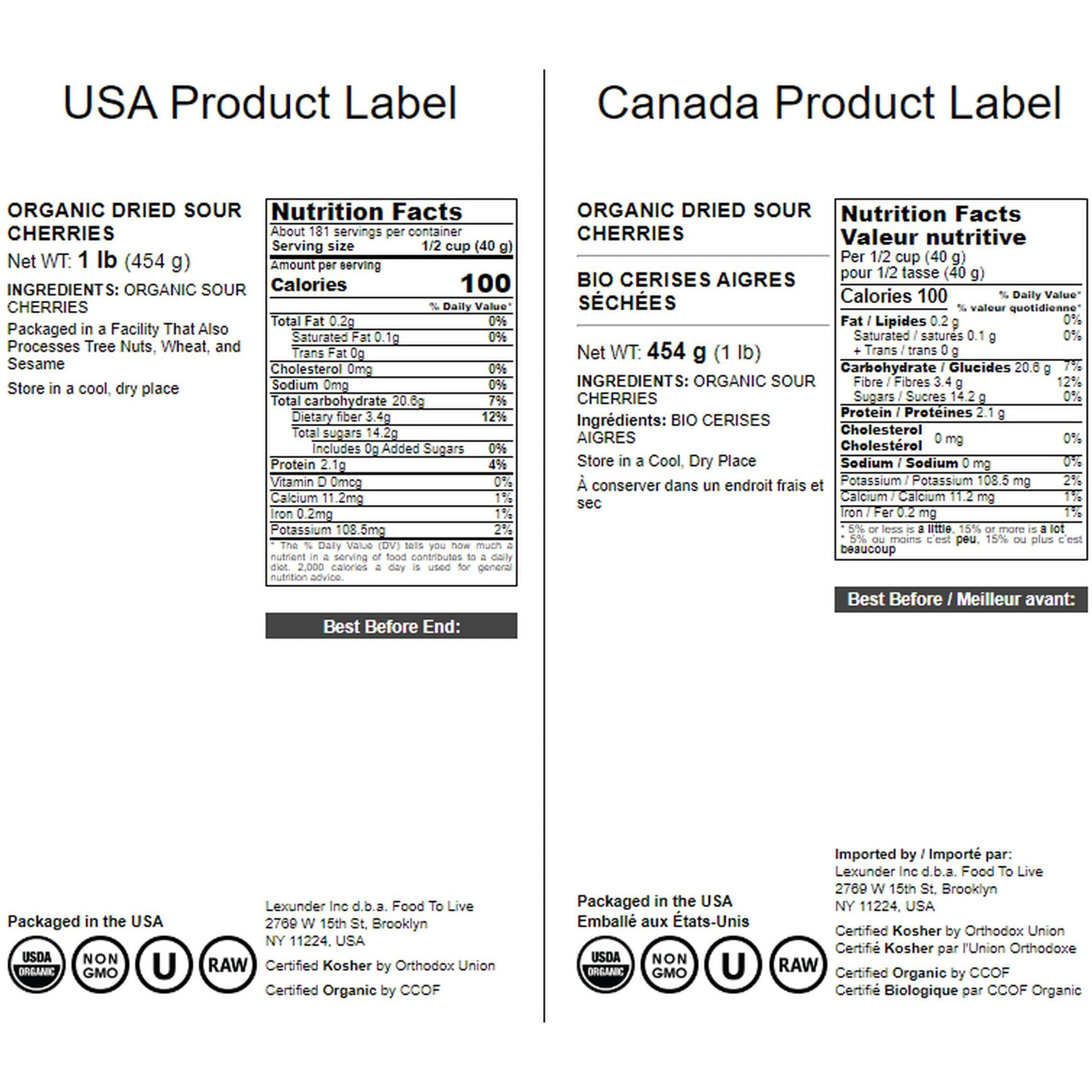 Food To Live Organic Dried Sour Cherries, 1 Pound - Pitted Cherry Fruit, Non-Gmo, Raw, Sun-Dried, Unsweetened, Unsulfured, No Oil Added, Vegan, Kosher, Bulk. Prunus Cerasus.