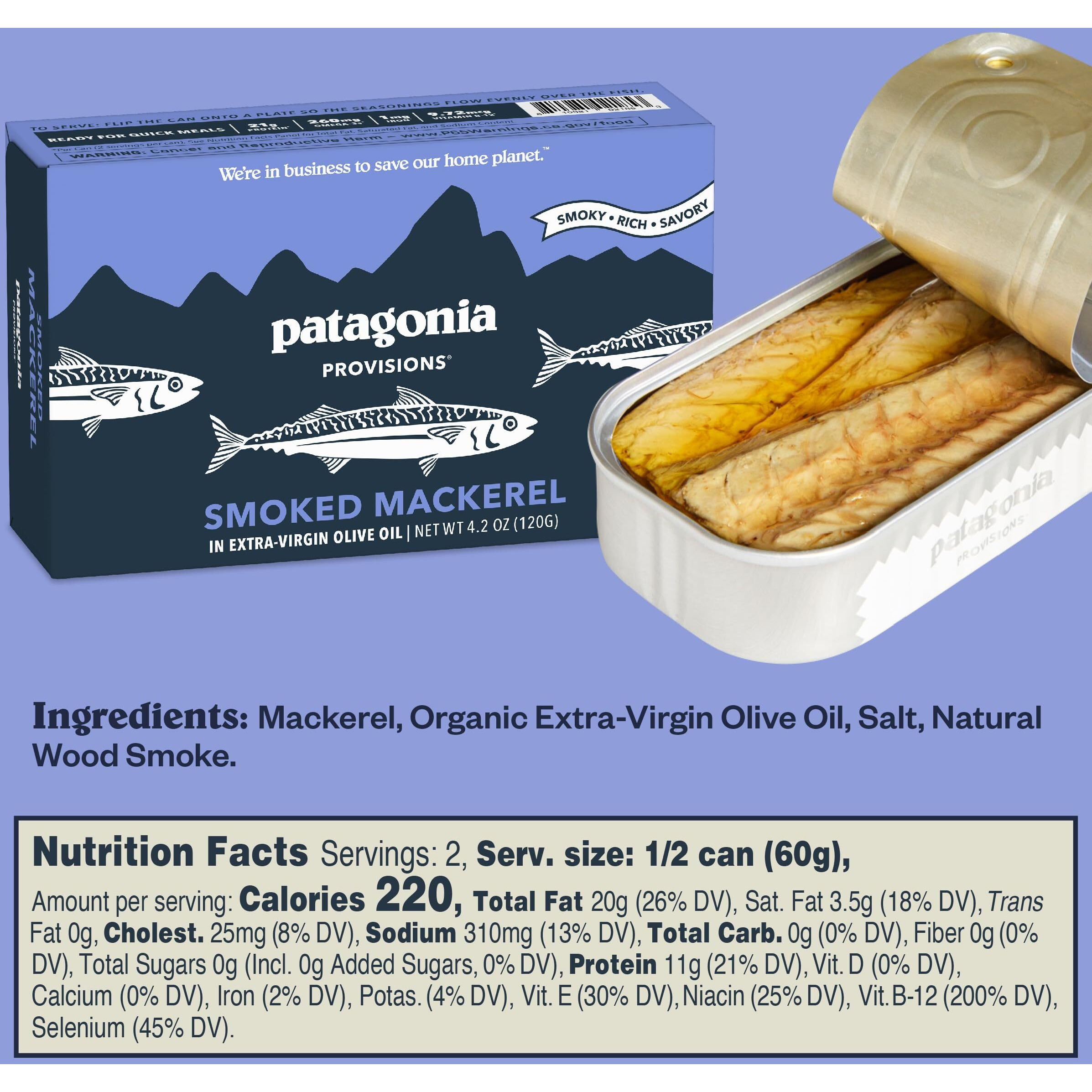 Patagonia Provisions Smoked Wild Mackerel | Responsibly Sourced In Spain | 22G Protein Per Tin & Gluten Free | 10-Pack