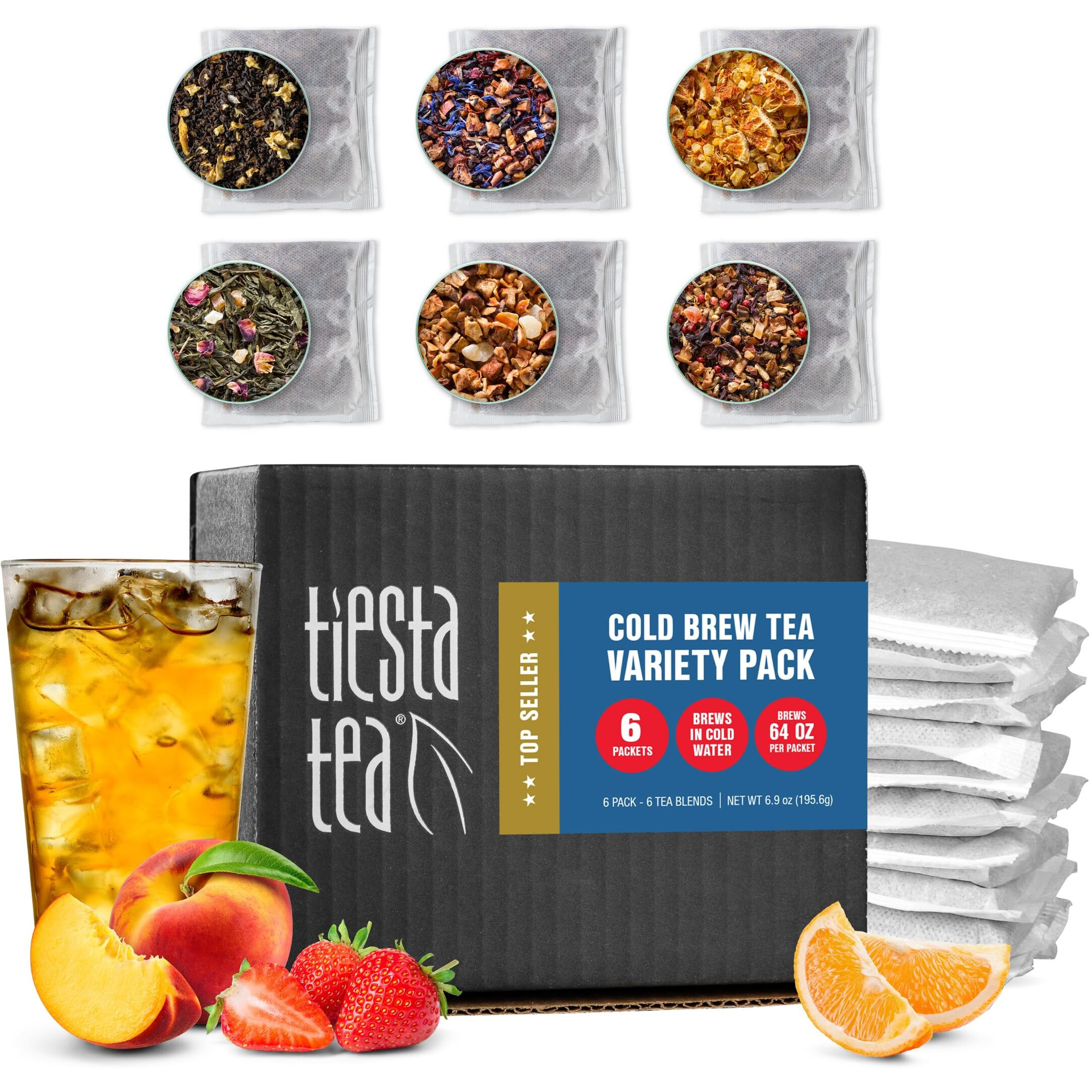 Tiesta Tea - 6 Pack Cold Brew Variety Tea - Premium Loose Leaf Tea Blend - Medium To Non Caffeinated Iced Tea - Assorted Tea Sample Set - Cold Brew Tea Packets - Brews 64Oz Pitcher Per Bag (Pack Of 6)