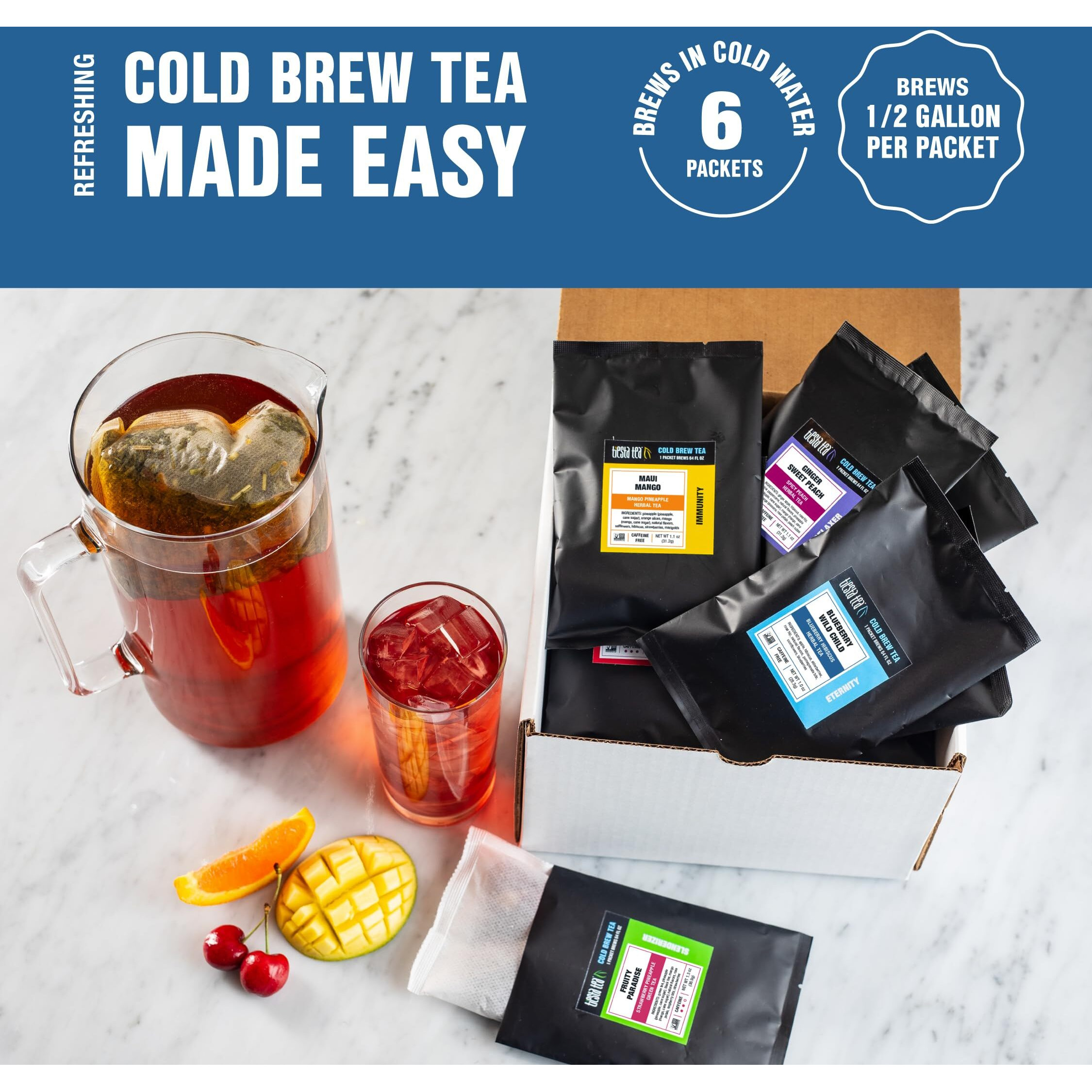 Tiesta Tea - 6 Pack Cold Brew Variety Tea - Premium Loose Leaf Tea Blend - Medium To Non Caffeinated Iced Tea - Assorted Tea Sample Set - Cold Brew Tea Packets - Brews 64Oz Pitcher Per Bag (Pack Of 6)