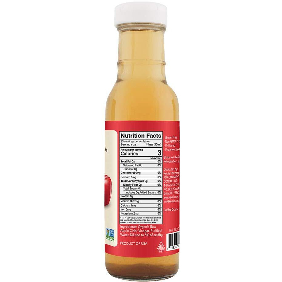 Kevala Organic Raw Apple Cider Vinegar - With Mother, Non Gmo, Kosher, Salad Dressing, Fresh Apples, Gluten Free, Unfiltered, Bottle 12 Fl Oz