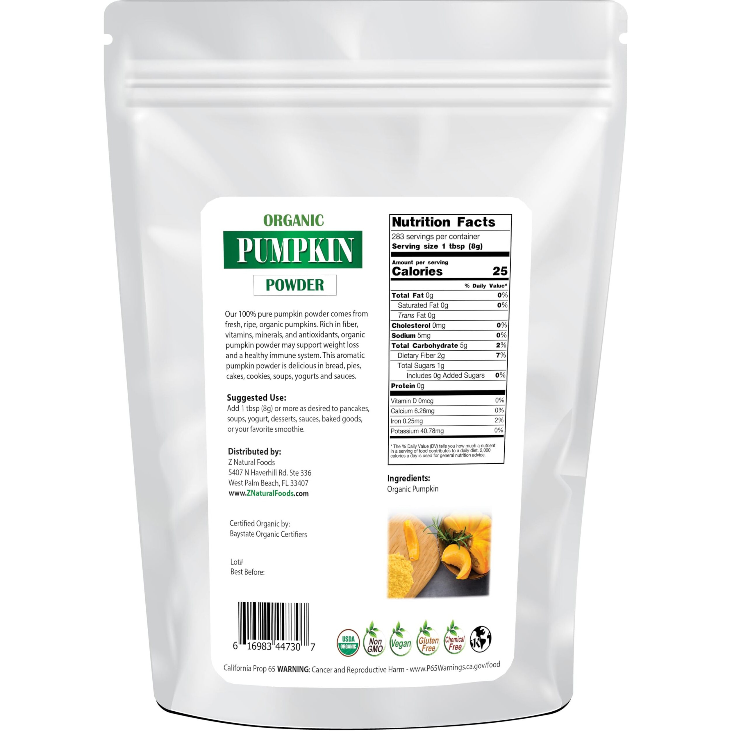 Z Natural Foods Organic Pumpkin Powder - Pure Powdered Pumpkin For Delicious Pumpkin Spice Latte, Baking, Smoothies, Juice, Puree - Dried Sweet Vegan Pumpkin Powder, Gluten Free, Kosher, 5 Lbs