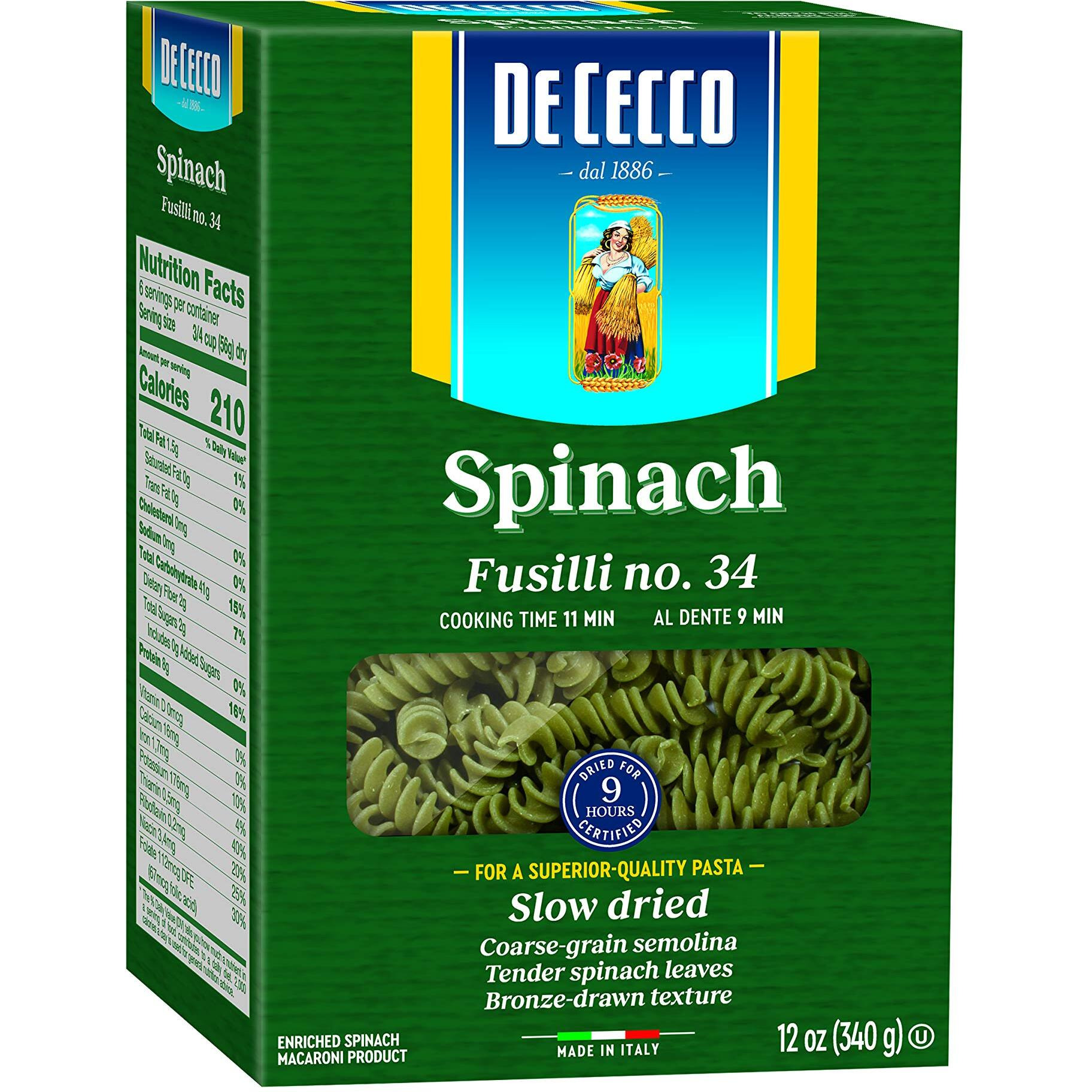 De Cecco Pasta, Spinach Fusilli No.34, 12 Oz (Pack Of 12) - Made In Italy, High In Protein & Iron, Bronze Die (Vkp0034)