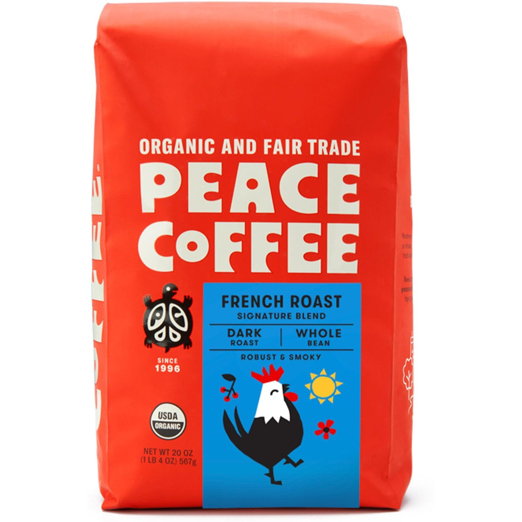 Peace Coffee French Roast | 20 Oz Whole Bean Dark Roast | Organic Fair Trade | Soft, Gentle Flavor | Shade Grown, Fresh Roasted