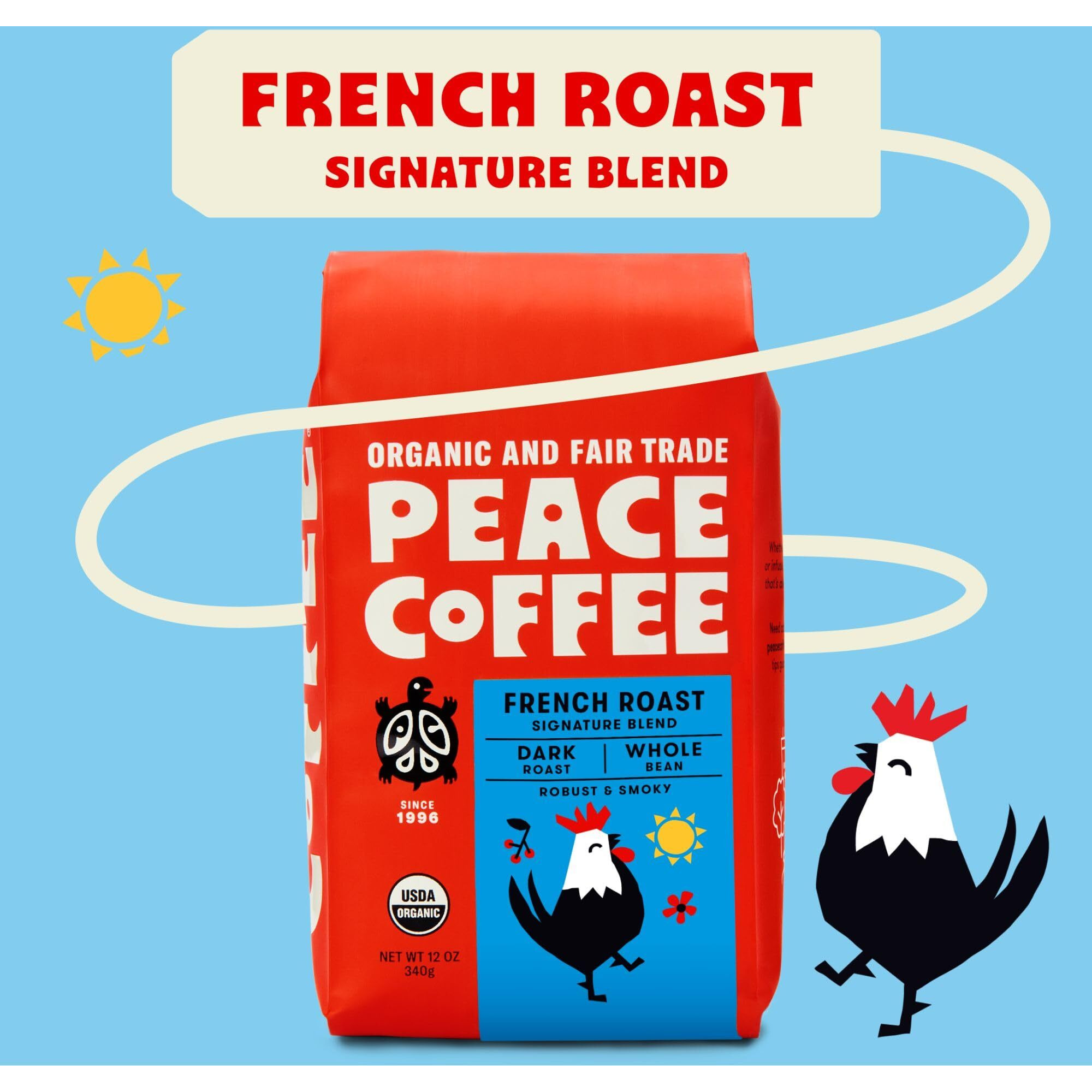 Peace Coffee French Roast | 20 Oz Whole Bean Dark Roast | Organic Fair Trade | Soft, Gentle Flavor | Shade Grown, Fresh Roasted