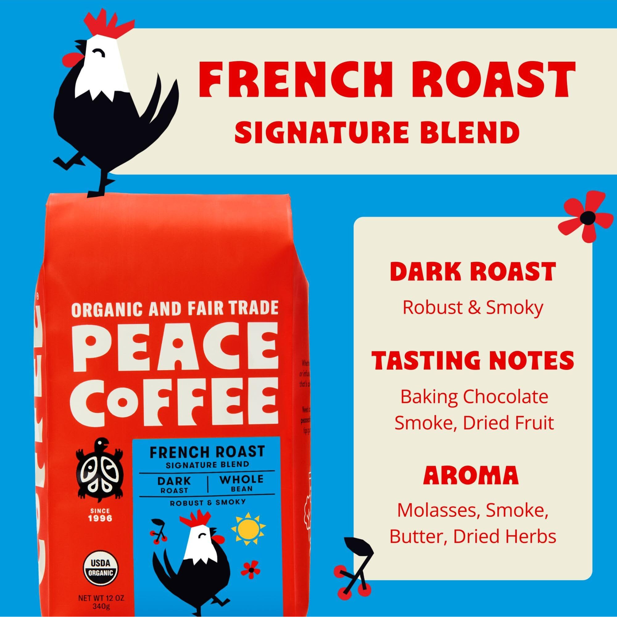 Peace Coffee French Roast | 20 Oz Whole Bean Dark Roast | Organic Fair Trade | Soft, Gentle Flavor | Shade Grown, Fresh Roasted
