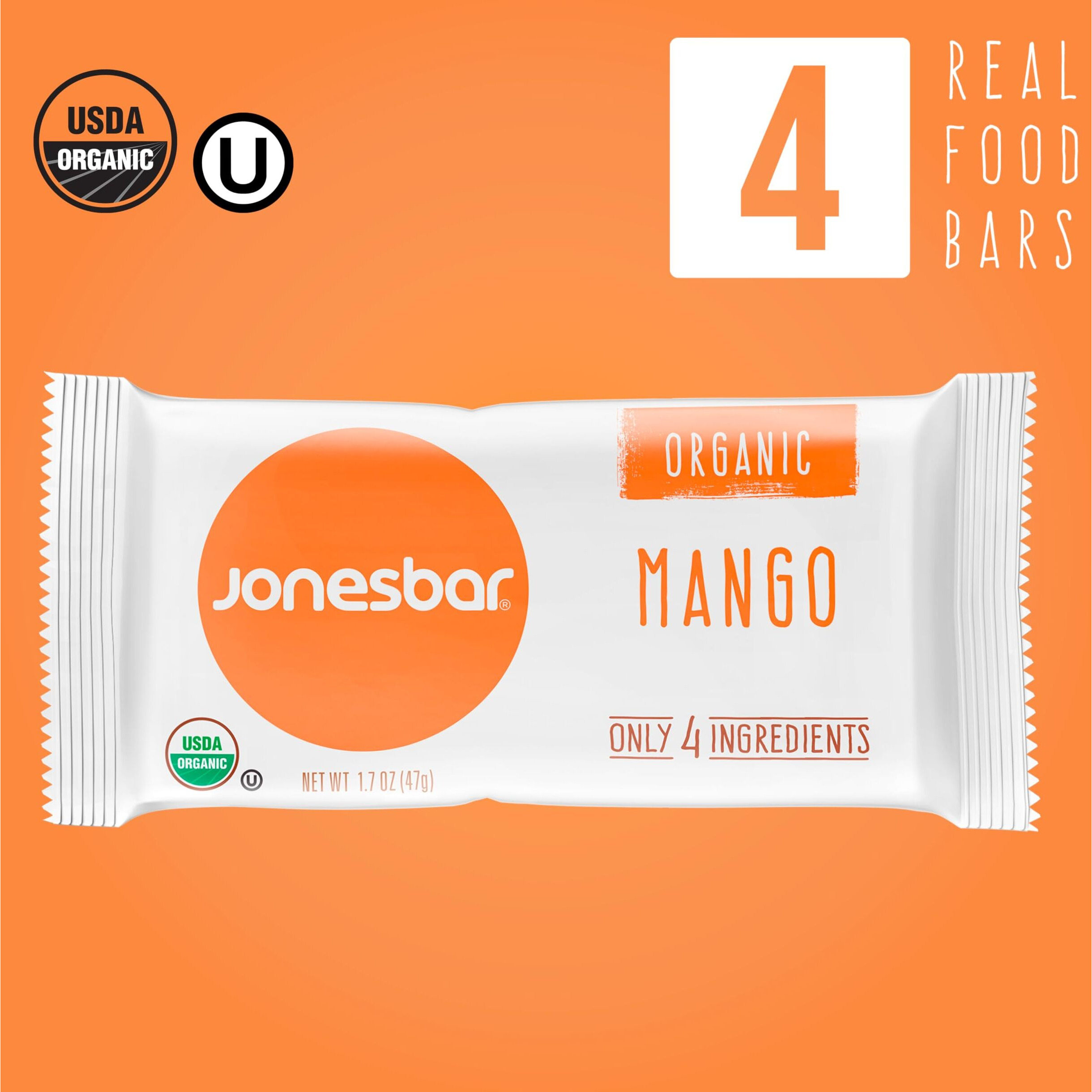 Jonesbar (Mango Almond, 4 Count (Pack Of 1)), Usda Organic Fruit & Nut Bar, Non-Gmo, Kosher, Vegan, Gluten Free, Simple Snack Bar