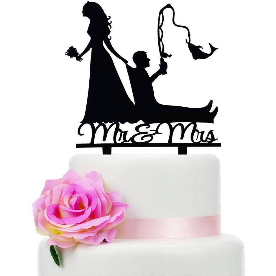 Tztwodcaz Fishing Wedding Cake Topper, Funny Mr&Mrs Cake Topper, Gift For A Wedding/Bridal Shower/Anniversary Party (Fishing)
