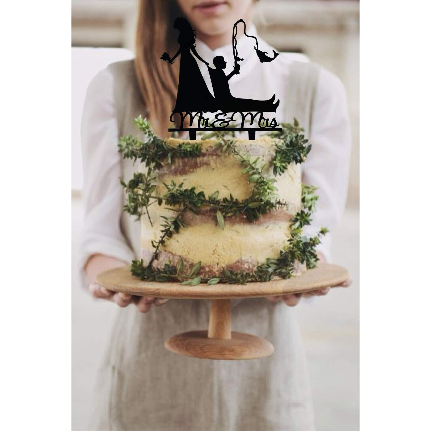 Tztwodcaz Fishing Wedding Cake Topper, Funny Mr&Mrs Cake Topper, Gift For A Wedding/Bridal Shower/Anniversary Party (Fishing)