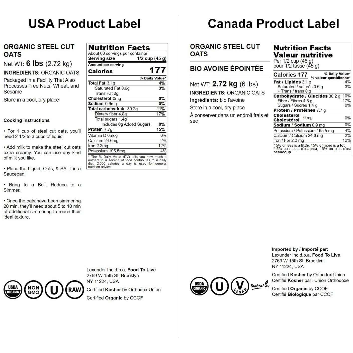 Food To Live Organic Steel Cut Oats, 6 Pounds - 100% Whole Grain Irish Oats, Quick Cooking Oatmeal, Non-Gmo Cereal, Non-Irradiated, Vegan, Bulk, Product Of The Usa