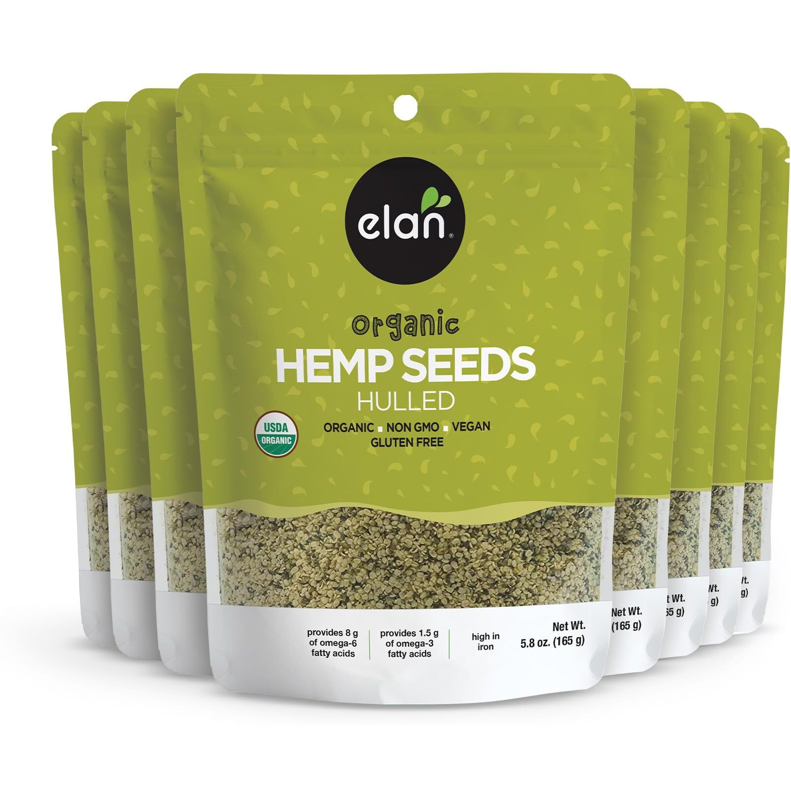 Elan Organic Hulled Hemp Seeds, Shelled Hemp Seeds, Raw Hemp Hearts, No Additives, Non-Gmo, Vegan, Gluten-Free, Source Of Omega-3 & Omega-6, High In Protein, 8 Pack Of 5.8 Oz