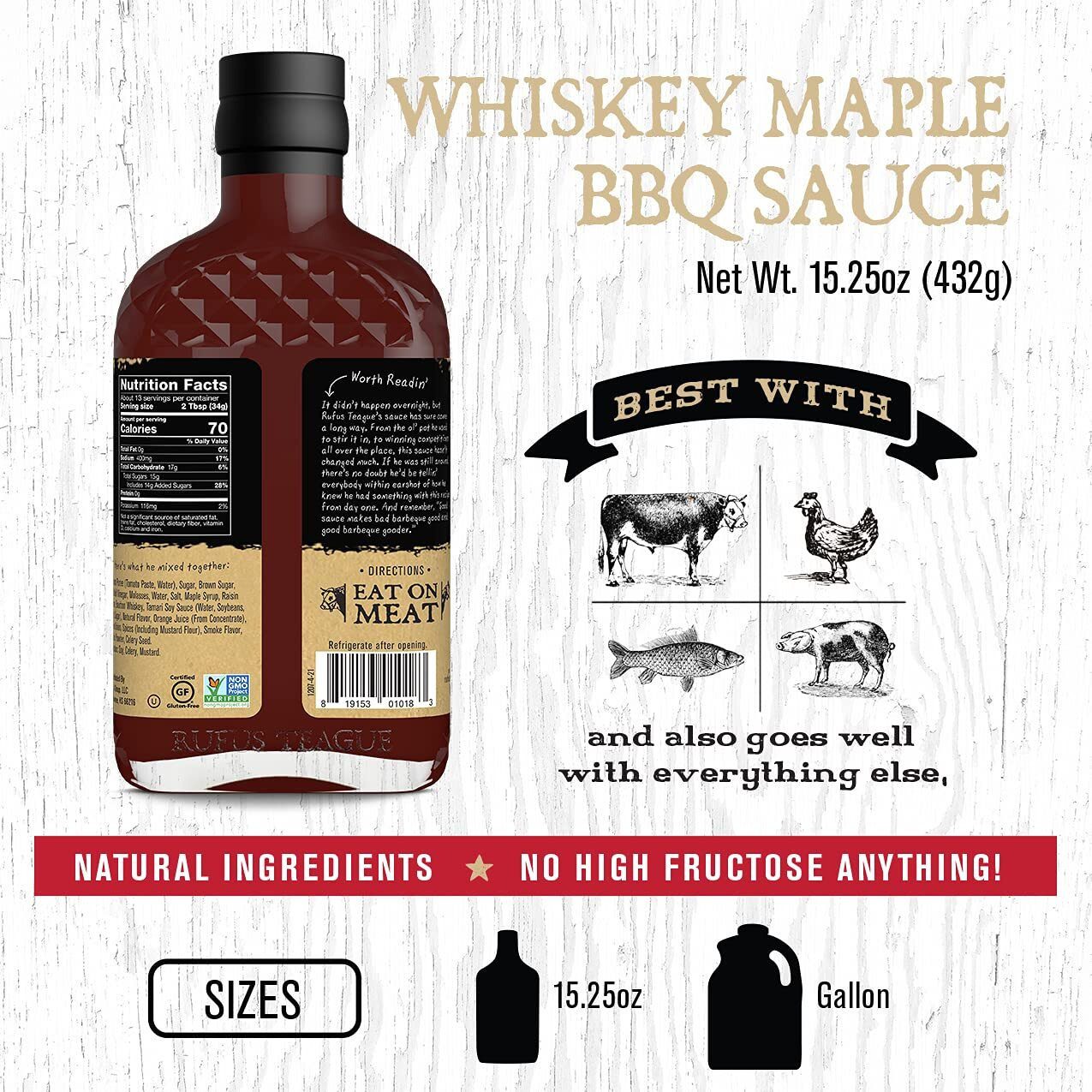 Rufus Teague - Whiskey Maple Bbq Sauce - Premium Barbecue Sauce - 15.25 Oz. Bottle