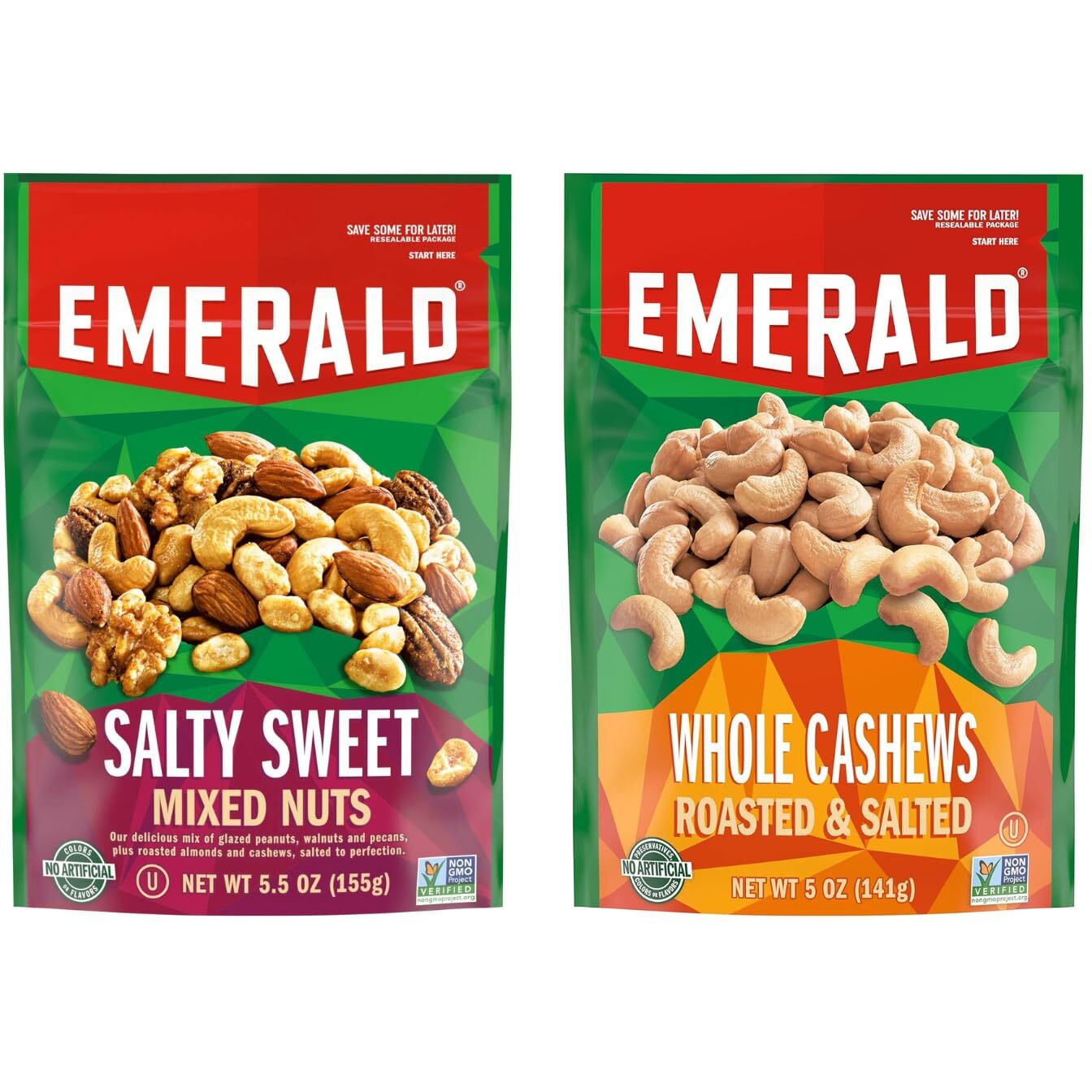 Emerald Nuts Combo Variety Pack Featuring Whole Cashews & Salty Sweet Mixed Nuts | 5 Oz Resealable Bags | Kosher Certified, Non-Gmo, Contains No Artificial Preservatives, Flavors Or Synthetic Colors