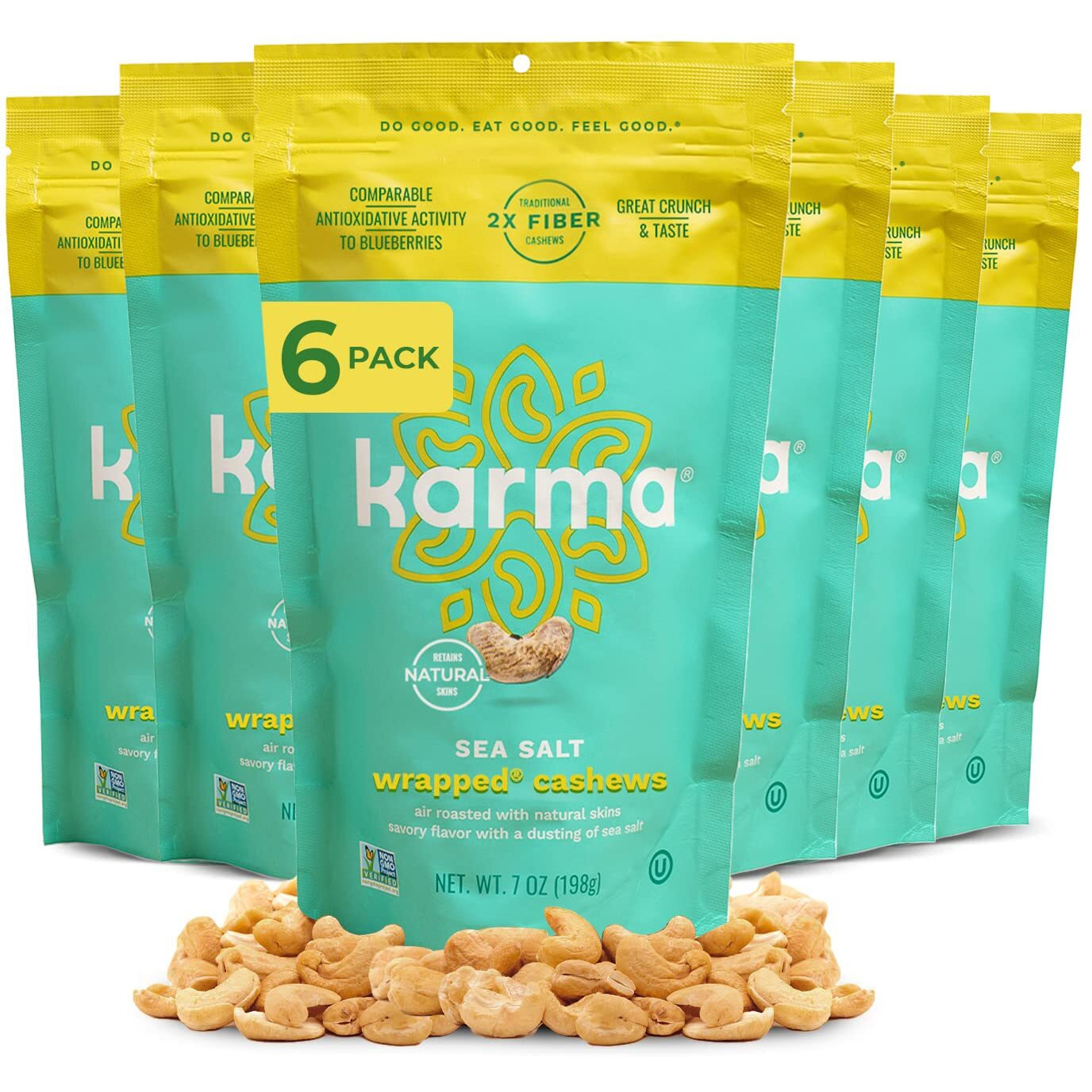 Sea Salt Wrapped Whole Cashews By Karma Nuts, Air Roasted With Natural Skins, 2X More Fiber, Whole 30, Peanut-Free Facility, Kosher, Everyday Nut Snack, 7Oz Resealable Bag - 6 Pack