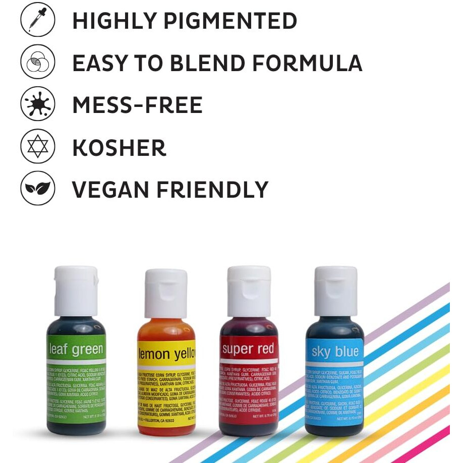 Chefmaster - Primary Colors Liqua-Gel Food Coloring Kit - Water-Based Food Coloring Gel - 4 Pack - Highly Pigmented Gel, Create Vividly Colored Desserts, Easy-To-Blend Formula - Made In The Usa