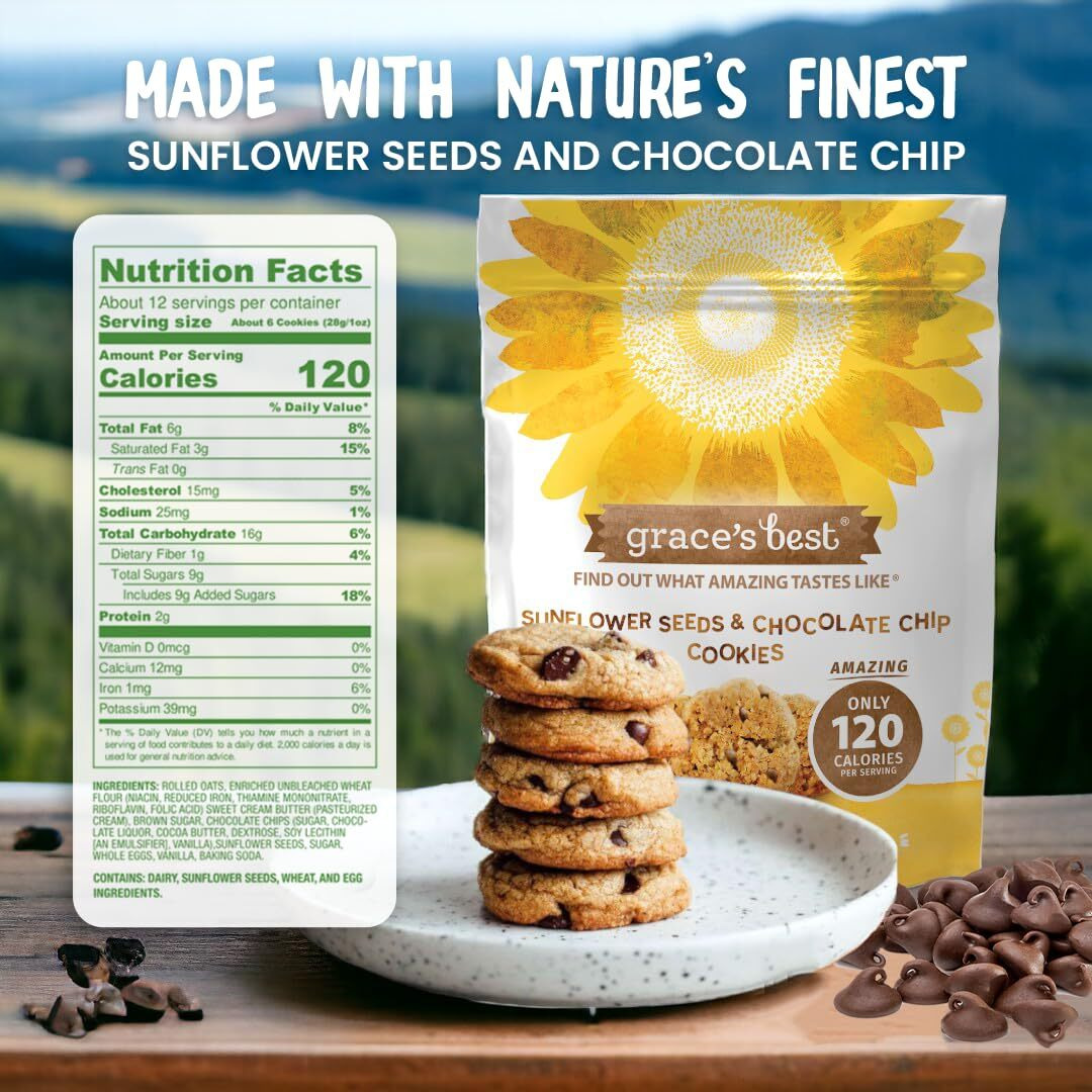 Graces Best Cookies - Sweet And Crunchy Small Snack Made With Natural, Quality Ingredients - Sunflower Seeds And Chocolate Chips - Pack Of 4 (12Oz)
