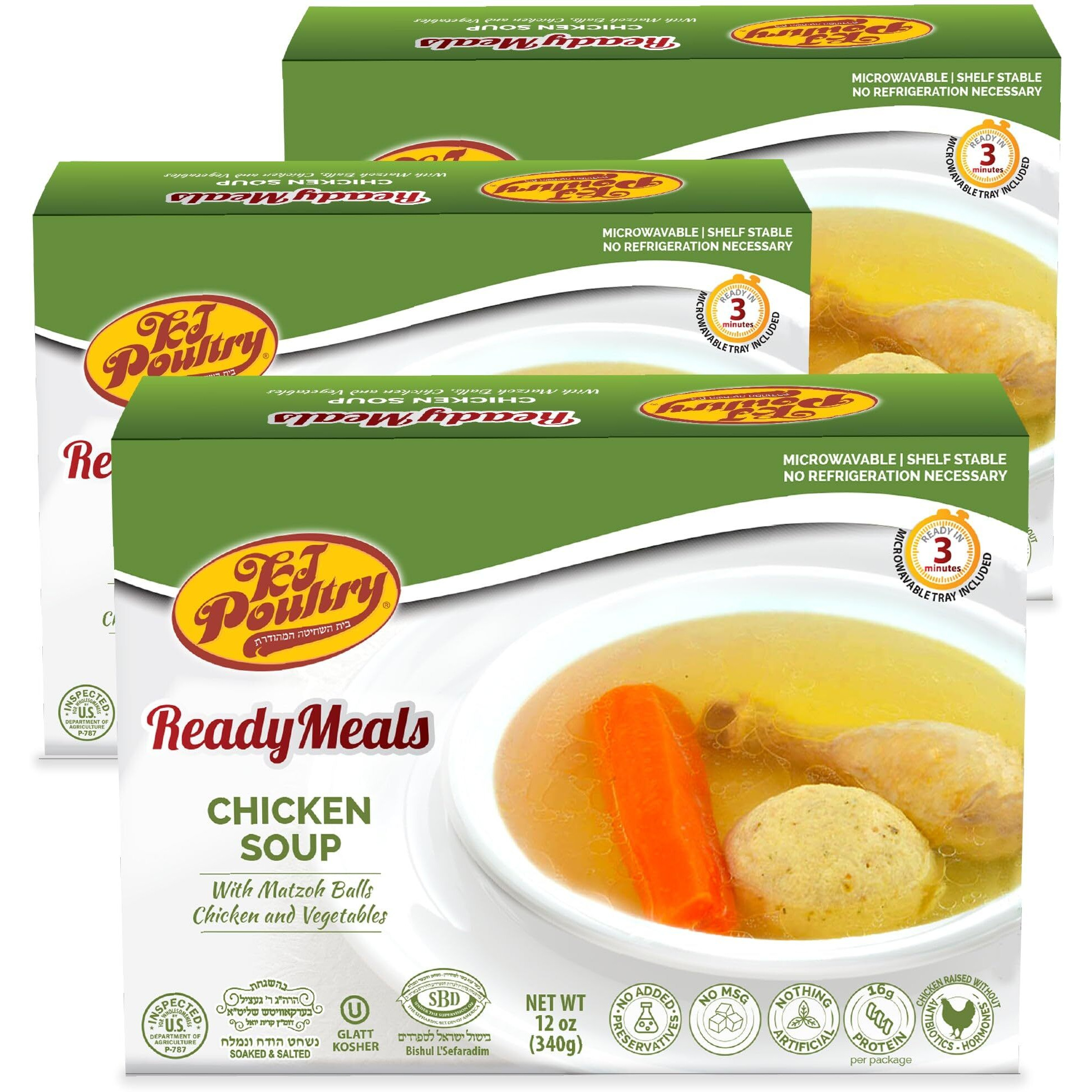 Kosher Matzoh Ball Chicken Soup & Vegetables, Chometz Not For Passover, Mre Meat Meals Ready To Eat, Shabbos Food (3 Pack) Prepared Entree Fully Cooked, Shelf Stable Microwave Dinner - Travel, Camping