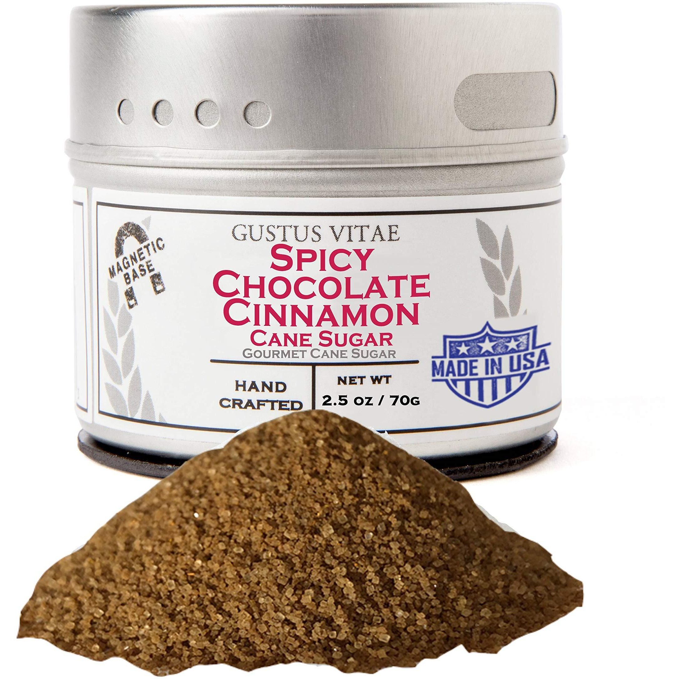 Gustus Vitae - Spicy Chocolate Cinnamon Cane Sugar - Artisanal Infused Sugar - 11 Replacement For Plain Sugar - All Natural - Gourmet Sweetener - Small Batch - Magnetic Tin