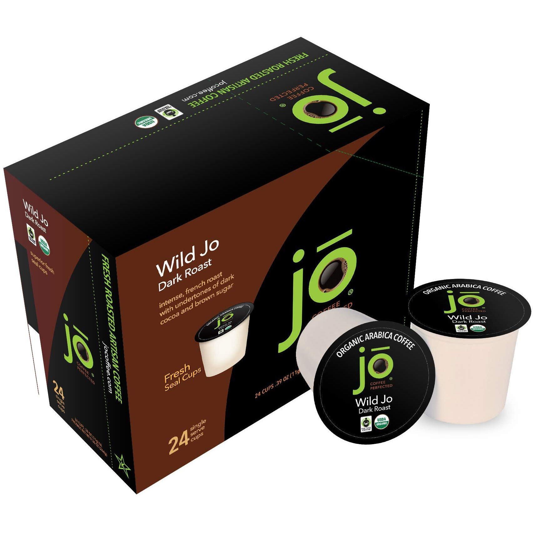 Wild Jo 24 Cups Dark French Roast Organic Coffee For Keurig K-Cup Compatible Brewers, Fresh Seal Single Serve Cups, Bold Strong Rich Wicked Good, Fair Trade Certified, Kosher, Non-Gmo, Gluten Free