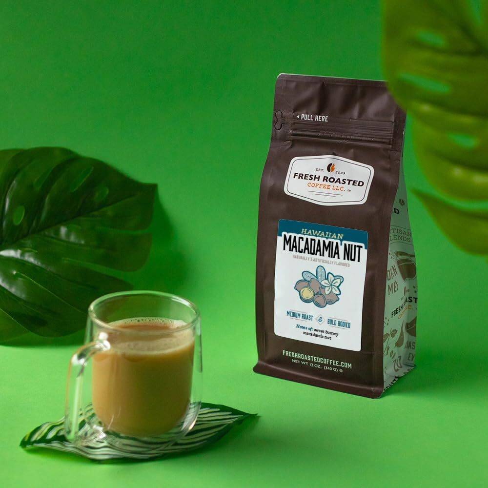 Fresh Roasted Coffee, Hawaiian Macadamia Nut Flavored Coffee, 12 Oz, Medium Roast, Kosher, Ground
