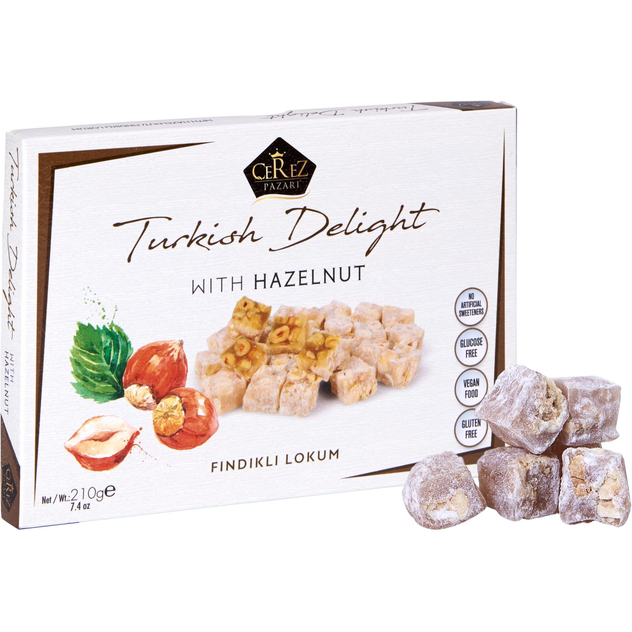 Cerez Pazari Turkish Delight Hazelnut Candy Gourmet Premium Vegan Sweets Small Gift Box 7.4Oz | Luxury Traditional Soft Confectionery Lokum (Loukoumi) | Small Size Snacks Apprx.35 Pcs