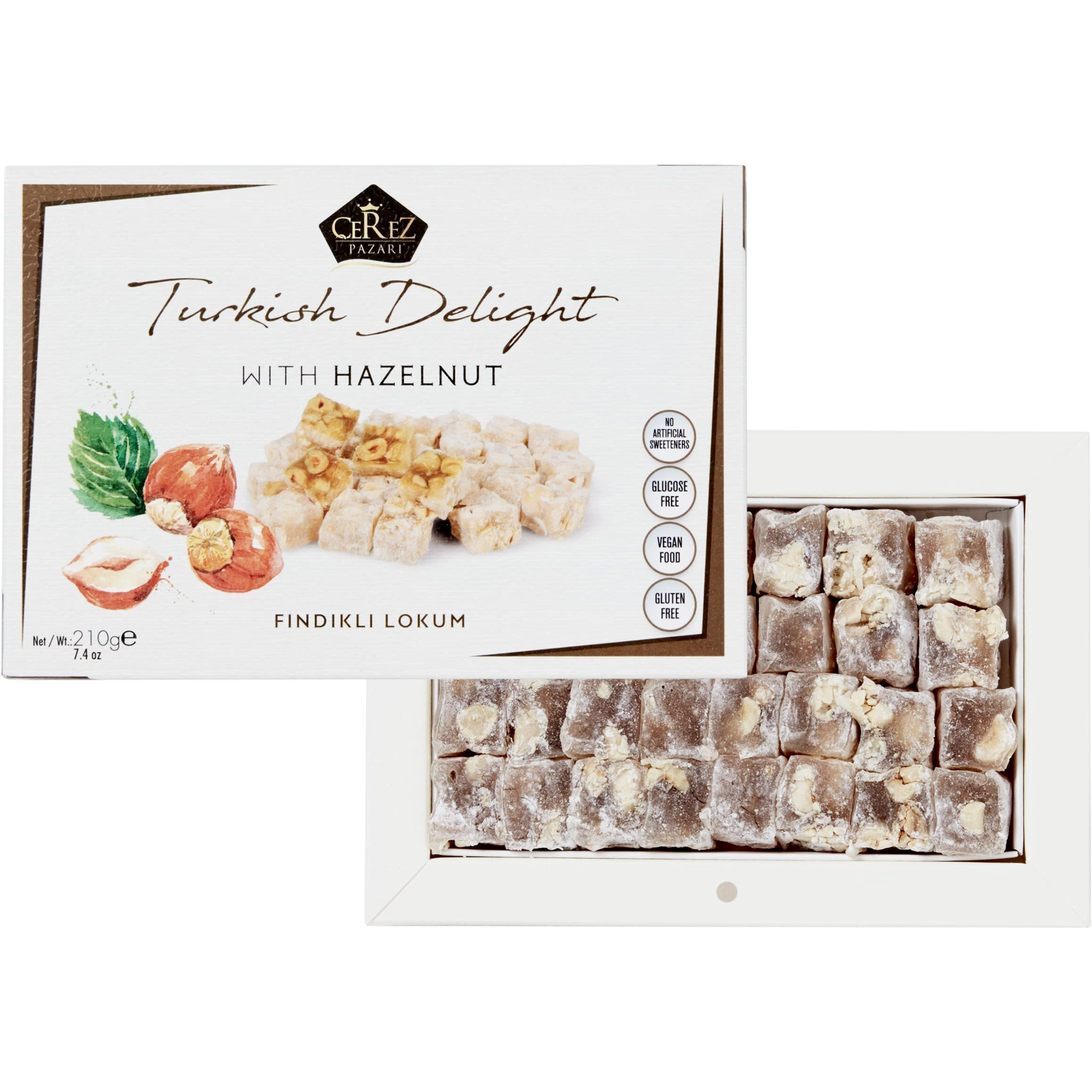 Cerez Pazari Turkish Delight Hazelnut Candy Gourmet Premium Vegan Sweets Small Gift Box 7.4Oz | Luxury Traditional Soft Confectionery Lokum (Loukoumi) | Small Size Snacks Apprx.35 Pcs