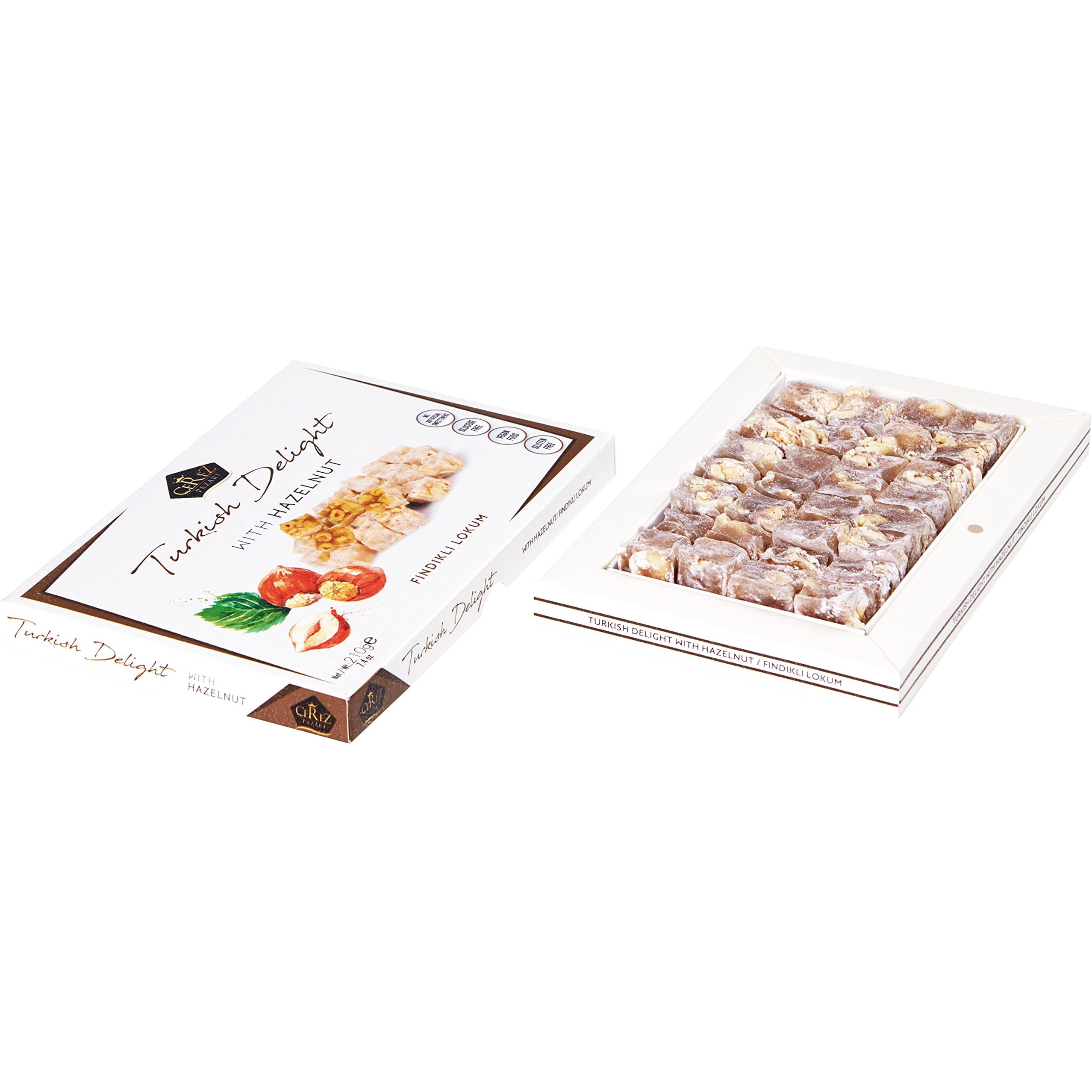 Cerez Pazari Turkish Delight Hazelnut Candy Gourmet Premium Vegan Sweets Small Gift Box 7.4Oz | Luxury Traditional Soft Confectionery Lokum (Loukoumi) | Small Size Snacks Apprx.35 Pcs