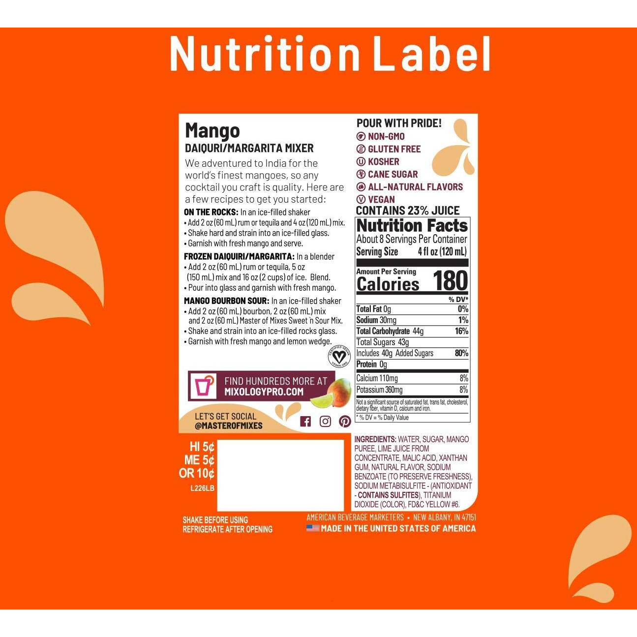 Master Of Mixes Mango Daiquiri / Margarita Drink Mix, Ready To Use, 1 Liter Bottle (33.8 Fl Oz), Pack Of 6