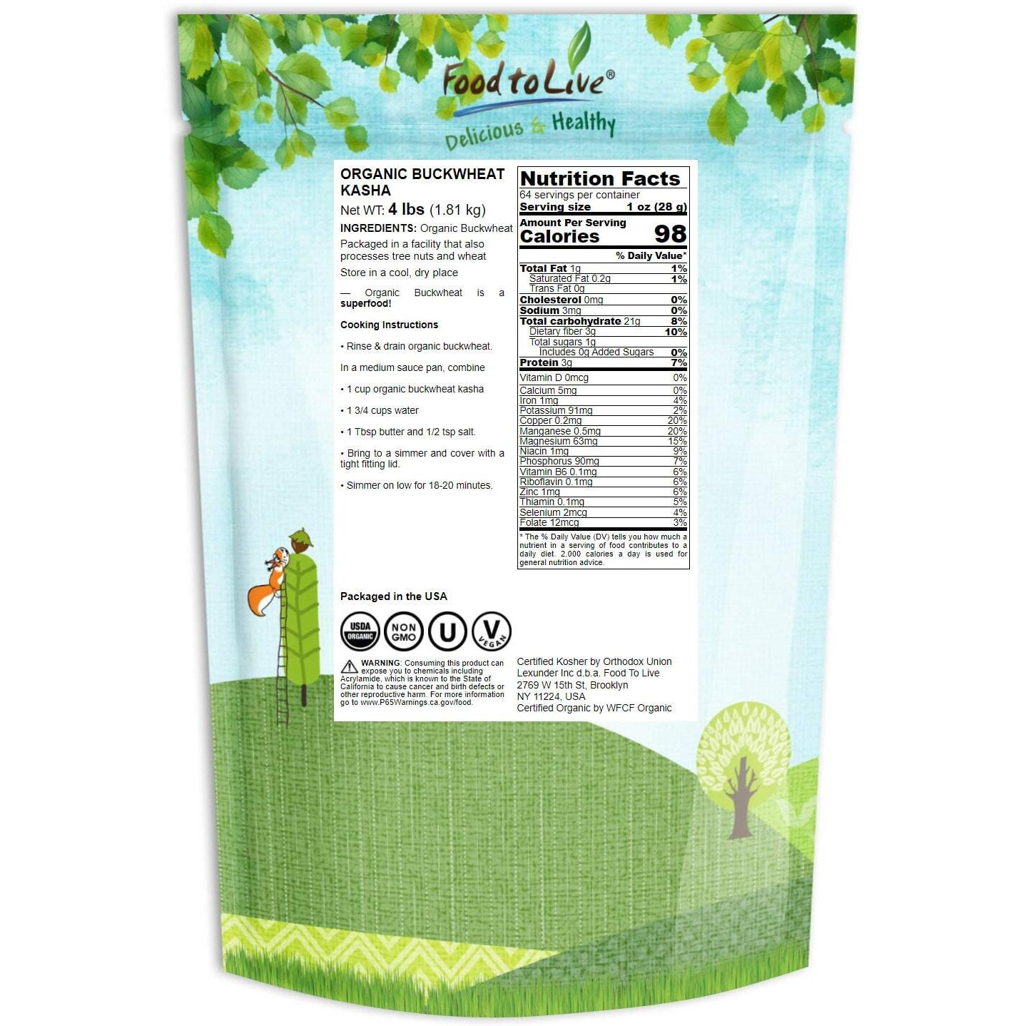 Food To Live Organic Buckwheat Kasha (Grechka, Toasted Whole Groats, Non-Gmo, Kosher, Sirtfood, Bulk) By Food To Live - 4 Pounds