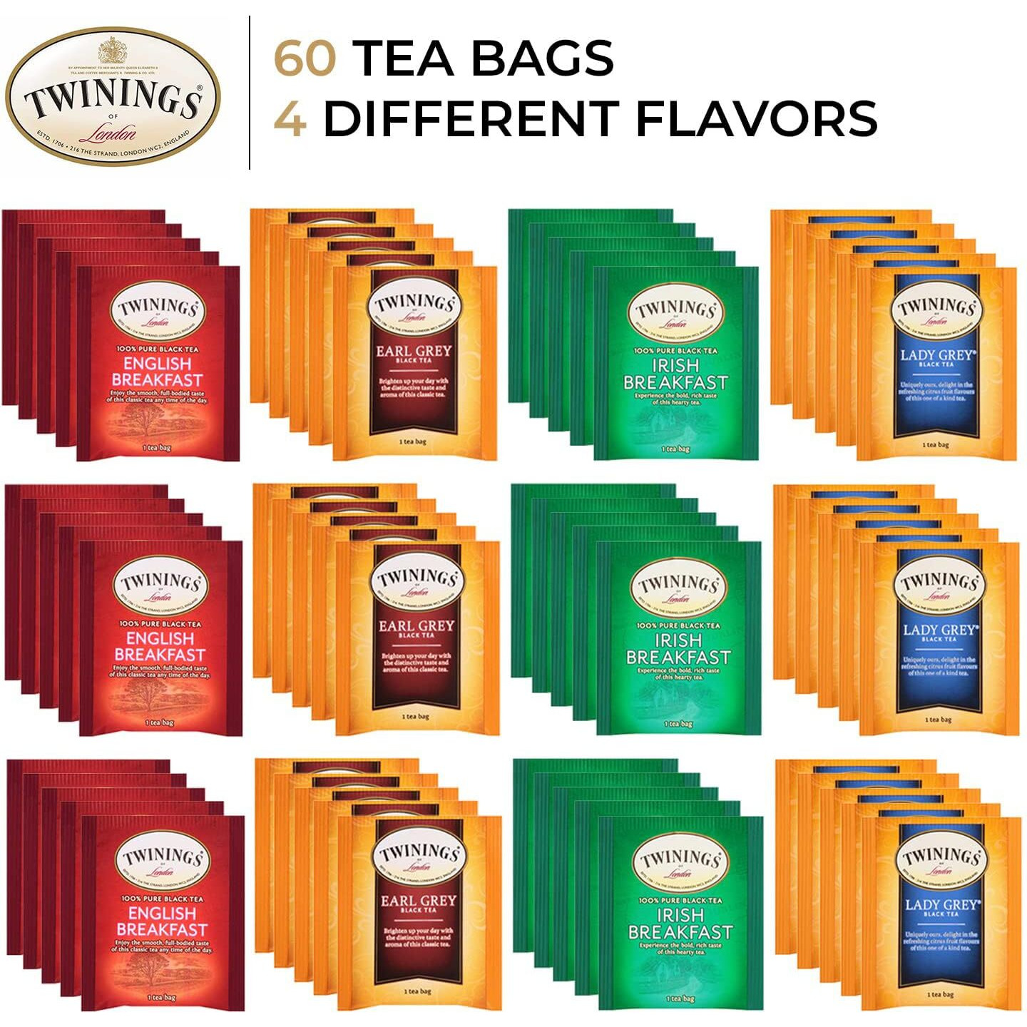 Twinings Black Tea Variety Pack With Earl Grey Tea, English Breakfast Tea, Irish Breakfast Tea, And Lady Grey Tea Bags, Individually Wrapped, 20 Count Ea (Pack Of 3)