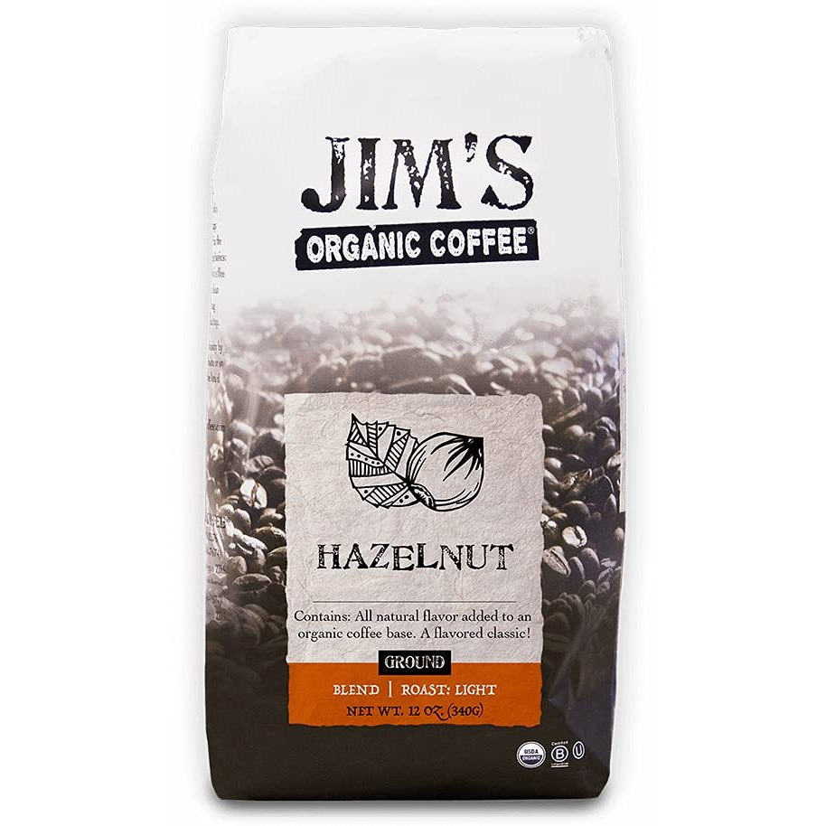 Jims Organic Coffee - Hazelnut, All Natural Flavored Blend - Light Roast, Ground Coffee, 12 Oz Bag