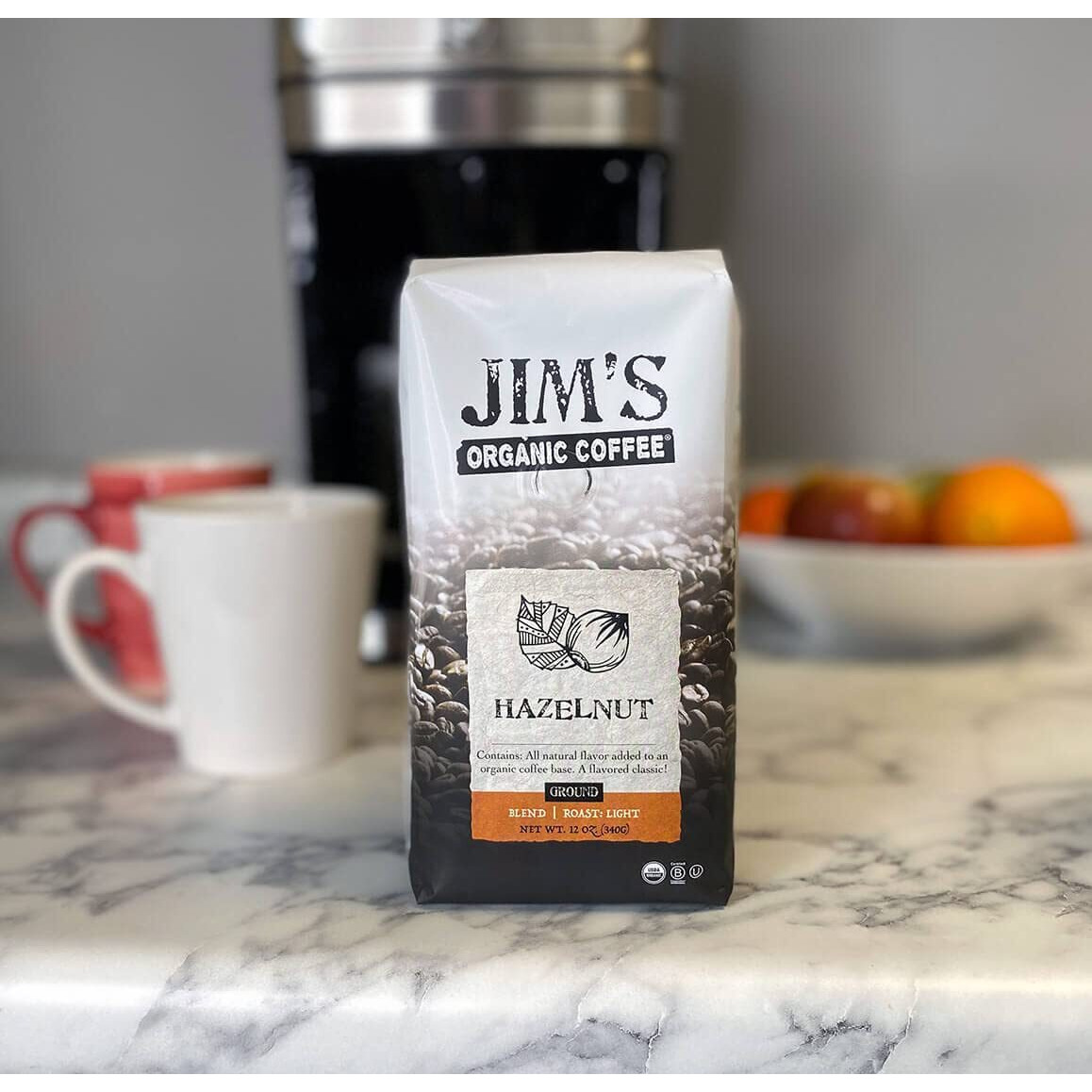 Jims Organic Coffee - Hazelnut, All Natural Flavored Blend - Light Roast, Ground Coffee, 12 Oz Bag