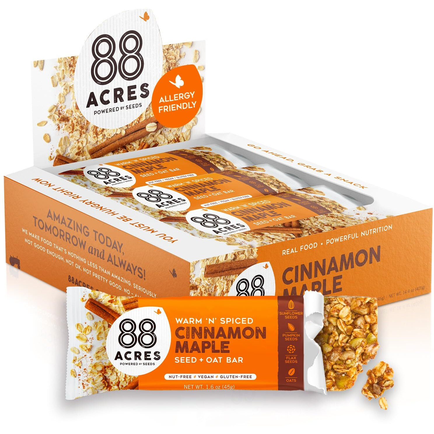 88 Acres Granola Bars | Cinnamon Maple | Gluten Free, Nut-Free Oat And Seed Snack Bar | Vegan & Non Gmo | 12 Pack