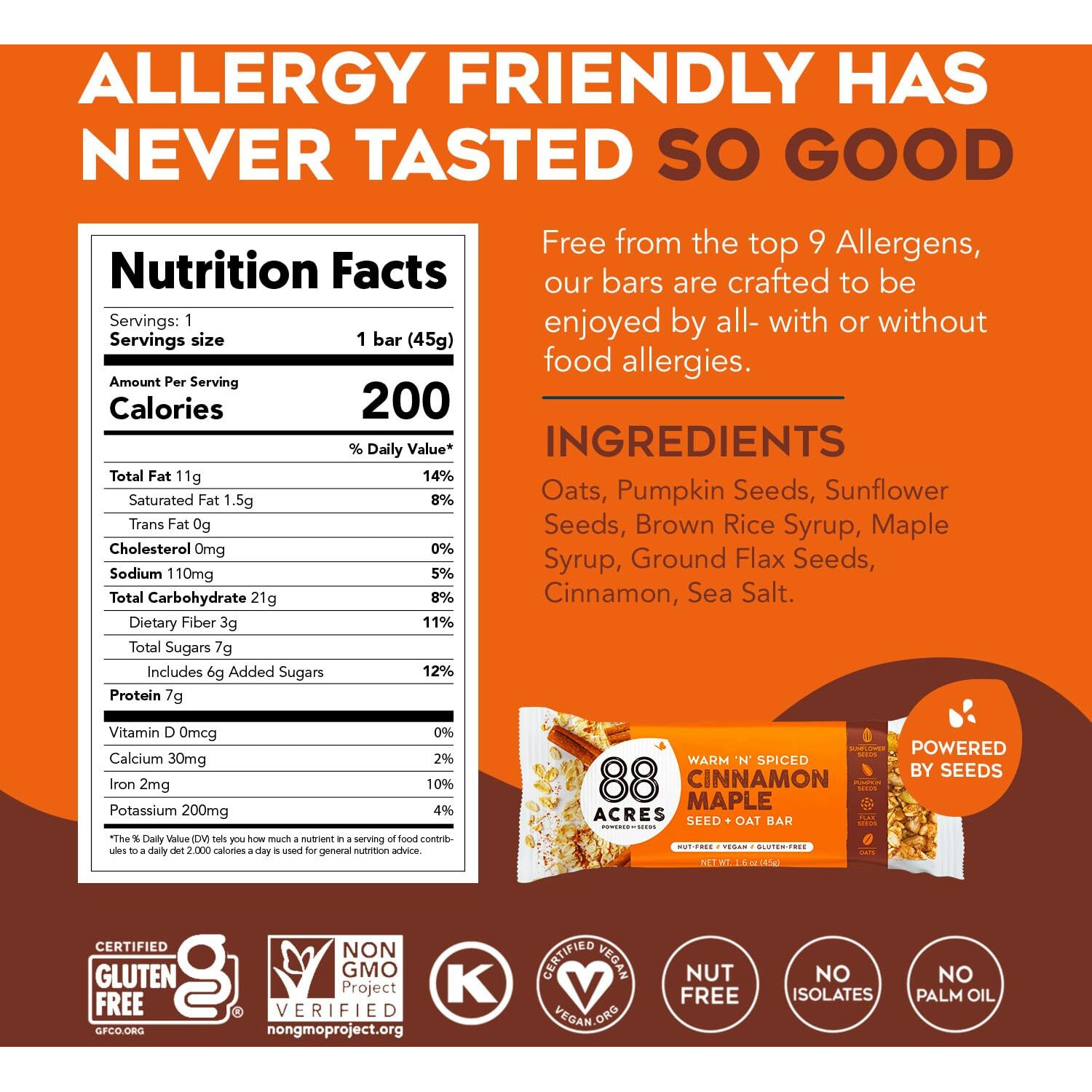 88 Acres Granola Bars | Cinnamon Maple | Gluten Free, Nut-Free Oat And Seed Snack Bar | Vegan & Non Gmo | 12 Pack