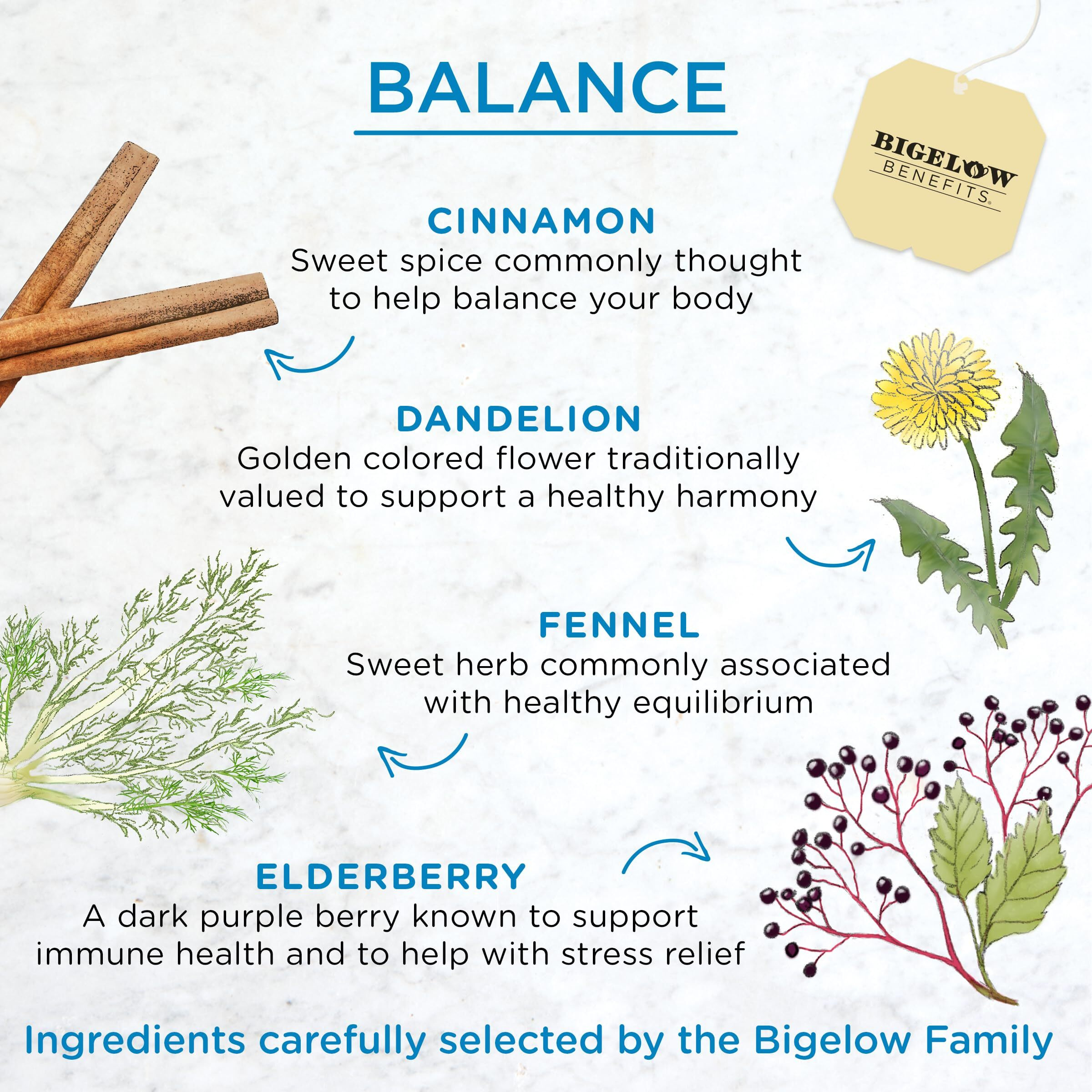 Bigelow Benefits Balance Cinnamon And Blackberry Herbal Tea, Caffeine Free, 18 Count (Pack Of 6), 108 Total Tea Bags