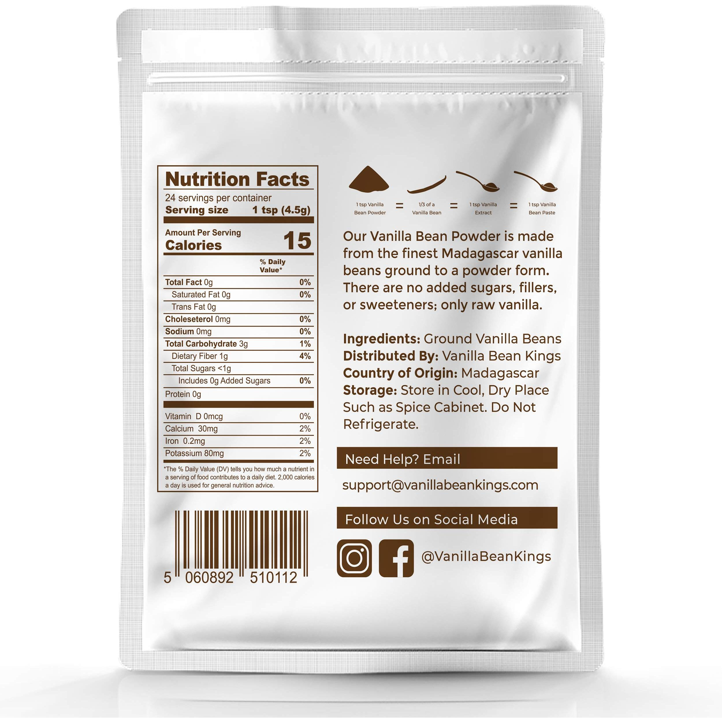 Vanilla Bean Powder - 100% Pure Ground Madagascar Vanilla Powder - For Cooking, Baking, & Additional Flavoring - Add To Coffee, Tea, Yogurt, & Shakes - Raw, Unsweetened, No Fillers Or Additives - 1 Lb