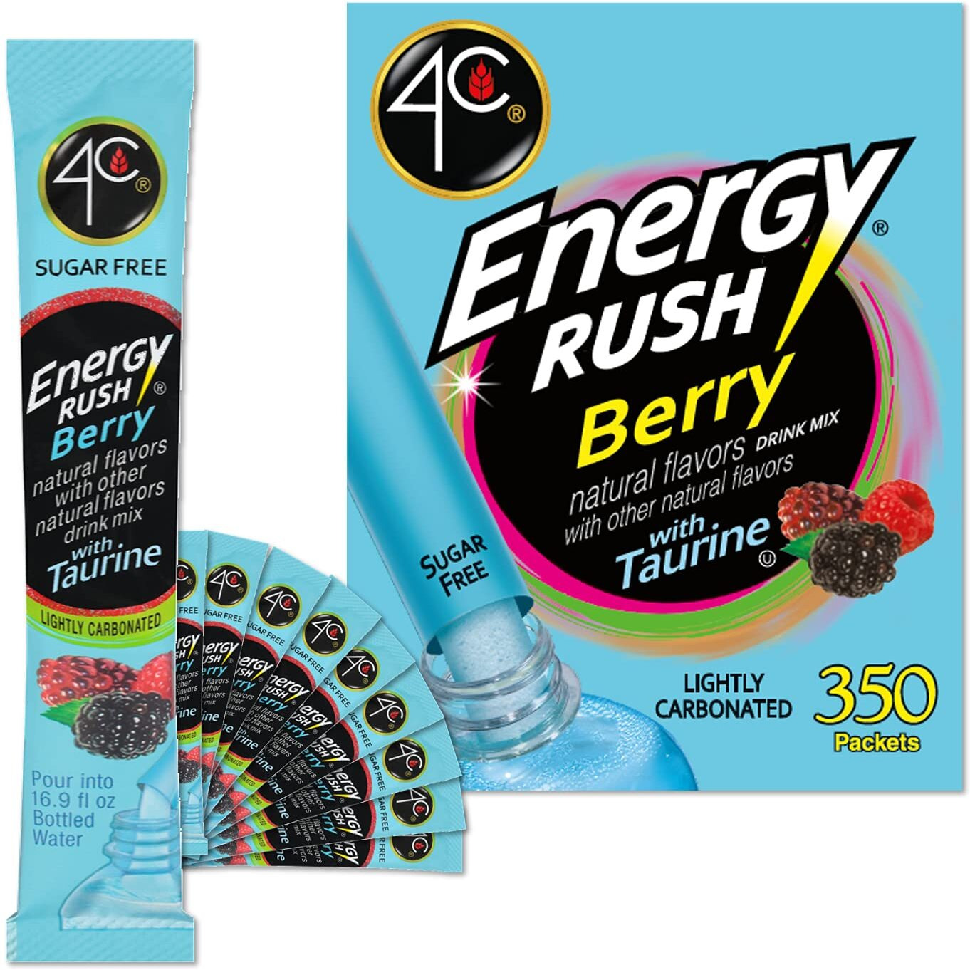 4C Powder Energy Rush Stix, Energy Rush - Berry 350 Count, Bulk Buy, Singles Stix, On The Go, Refreshing Water Flavorings, Value Pack