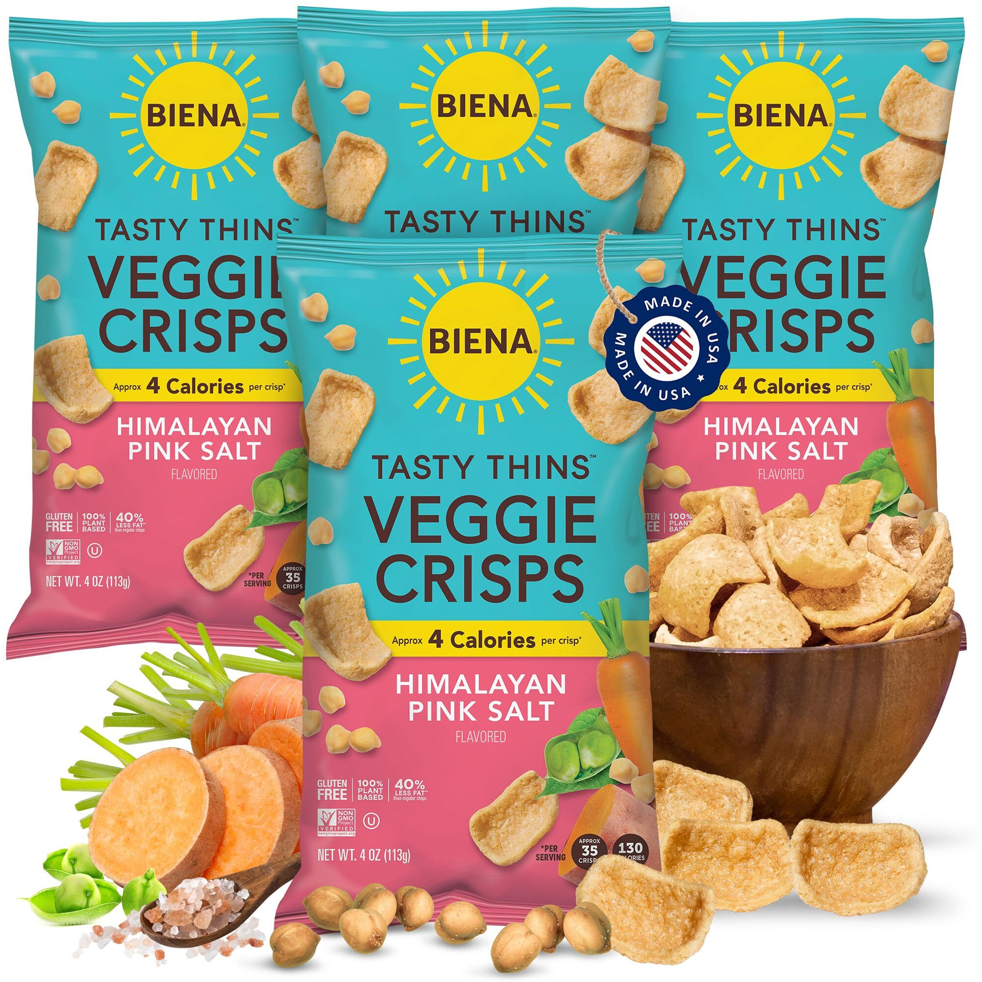 Biena Tasty Thins Veggie Crisps - Low Calorie Veggie Chips For Adults And Kids - 4-Pack, 4 Ounce Bags - Himalayan Pink Salt