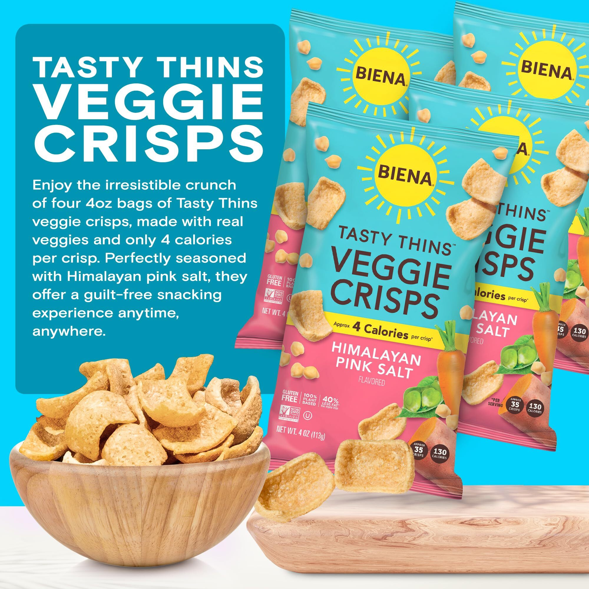 Biena Tasty Thins Veggie Crisps - Low Calorie Veggie Chips For Adults And Kids - 4-Pack, 4 Ounce Bags - Himalayan Pink Salt