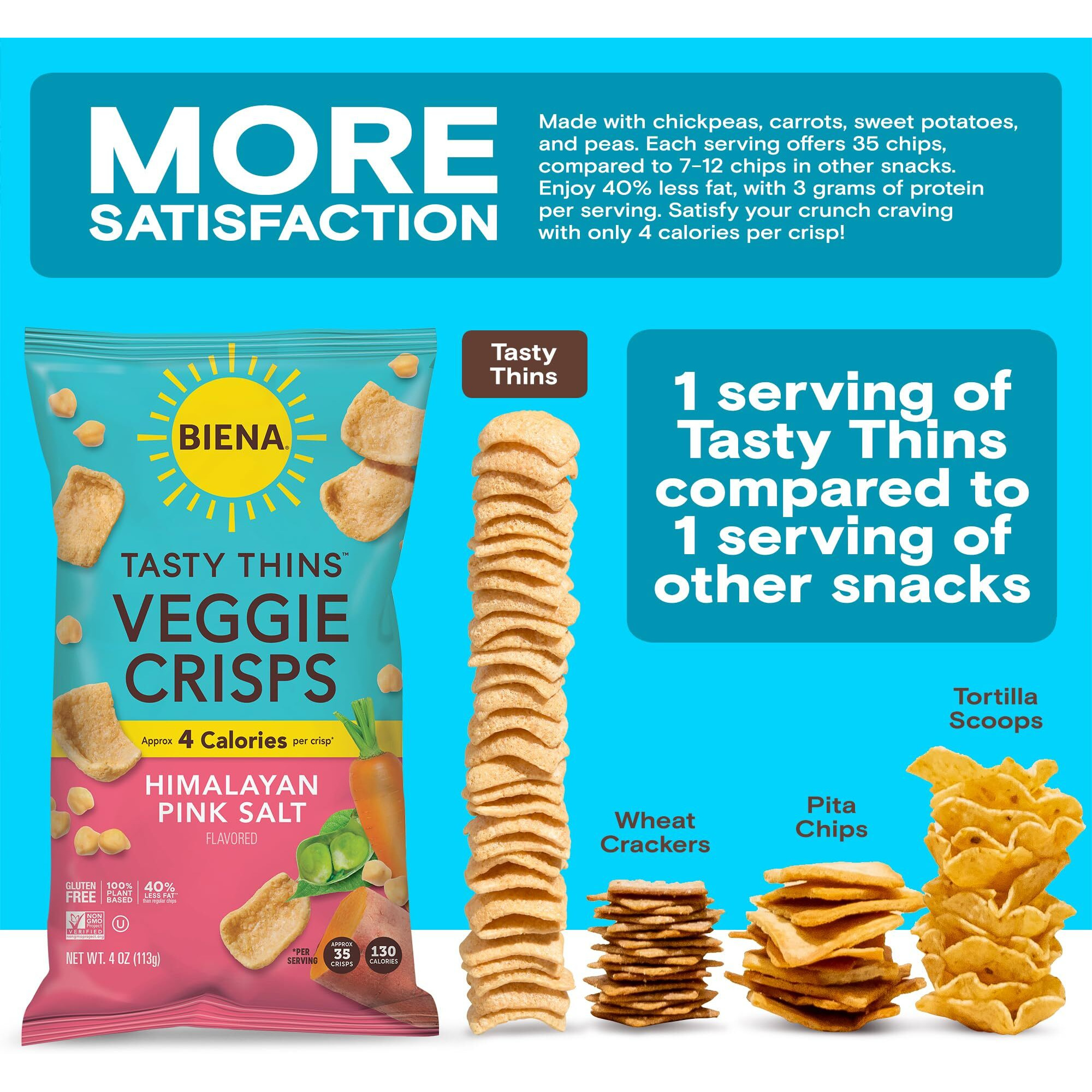 Biena Tasty Thins Veggie Crisps - Low Calorie Veggie Chips For Adults And Kids - 4-Pack, 4 Ounce Bags - Himalayan Pink Salt