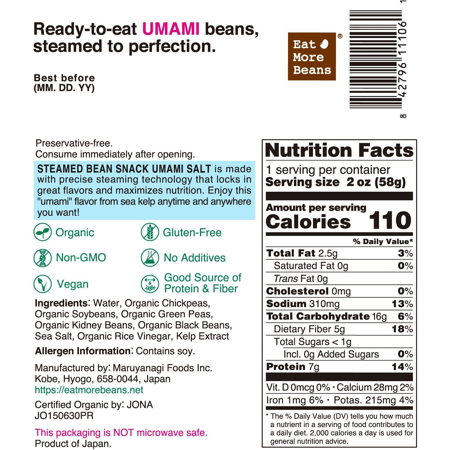 Flavored Steamed Bean Snack -Umami Salt Usda Certified Healthy Vegan Snacks Ready To Eat Fully Cooked- Box Of 10 Packs