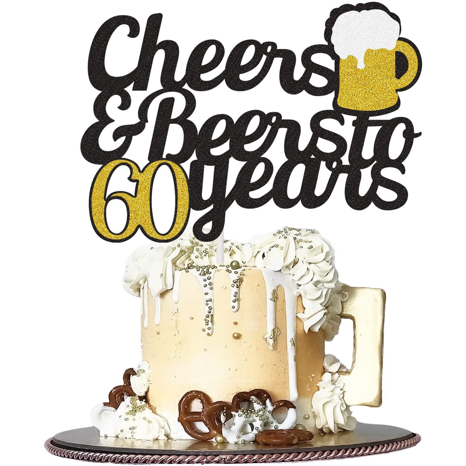 Cheers To 60 Years Cake Topper, Happy 60Th Birthday Cake Topper, 60Th Anniversary Birthday Party Supplies Black And Gold Glitter Decorations Double Sided