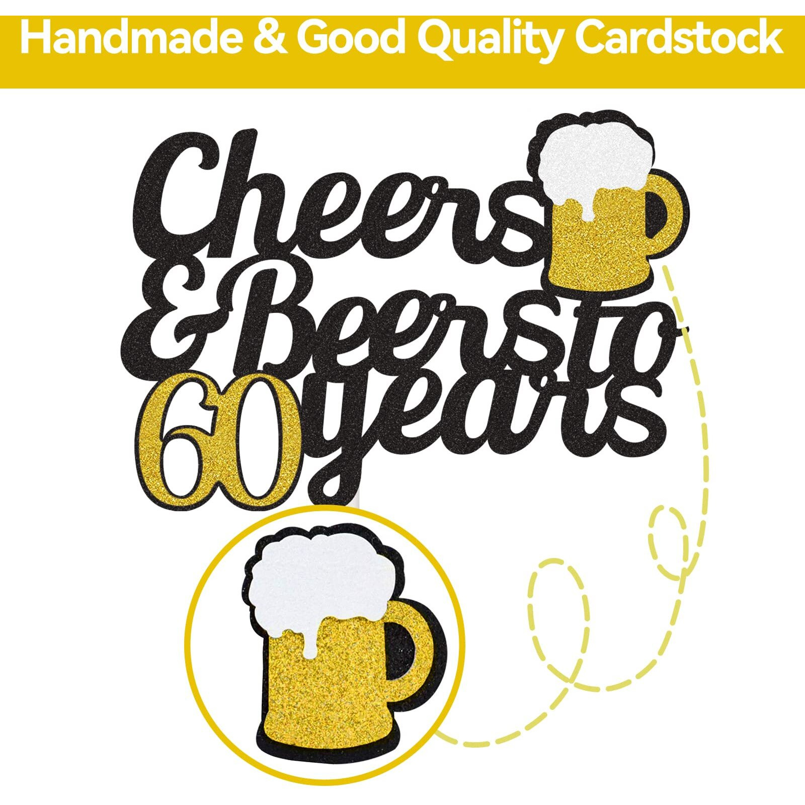 Cheers To 60 Years Cake Topper, Happy 60Th Birthday Cake Topper, 60Th Anniversary Birthday Party Supplies Black And Gold Glitter Decorations Double Sided